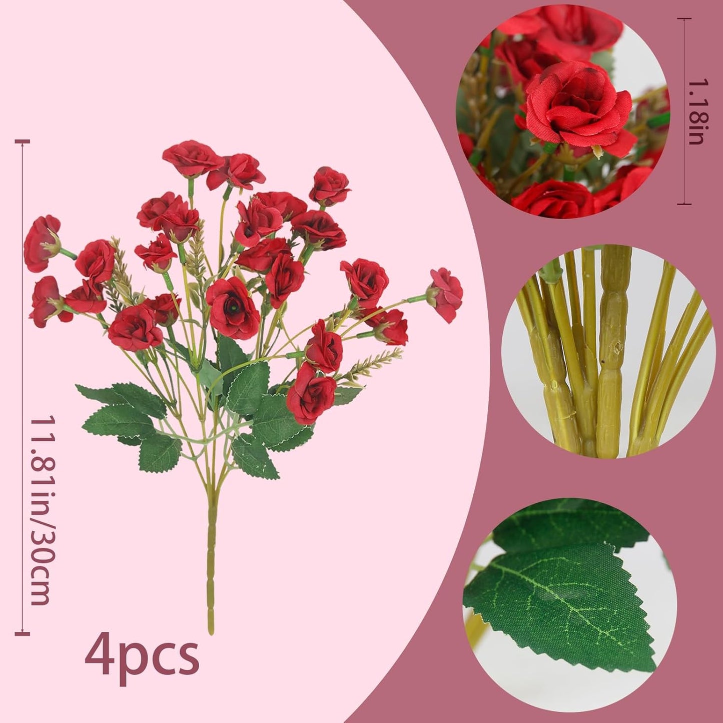 CISDUEO 4 Pcs Artificial Roses Flowers for Outdoors Fake Wildflowers Decoration Spring Silk Flower Floral Stems Red Faux Fall Flowers for Outdoor Planter Porch Indoor Home Decor Table Centerpiece Pot
