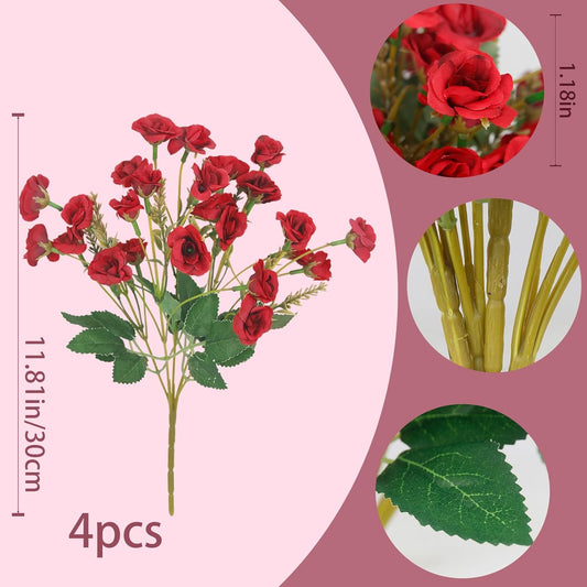 CISDUEO 4 Pcs Artificial Roses Flowers for Outdoors Fake Wildflowers Decoration Spring Silk Flower Floral Stems Red Faux Fall Flowers for Outdoor Planter Porch Indoor Home Decor Table Centerpiece Pot