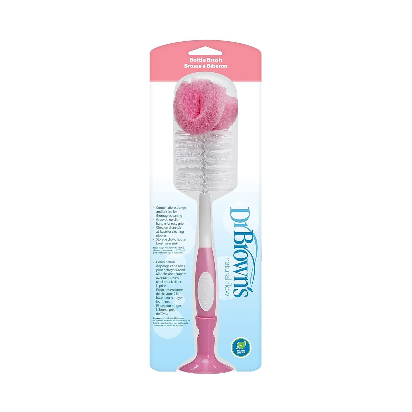 Dr. Brown's Reusable Sponge Baby Bottle Cleaning Brush with Suction Cup Stand, Scrubber and Nipple Cleaner, Pink 1-Pack