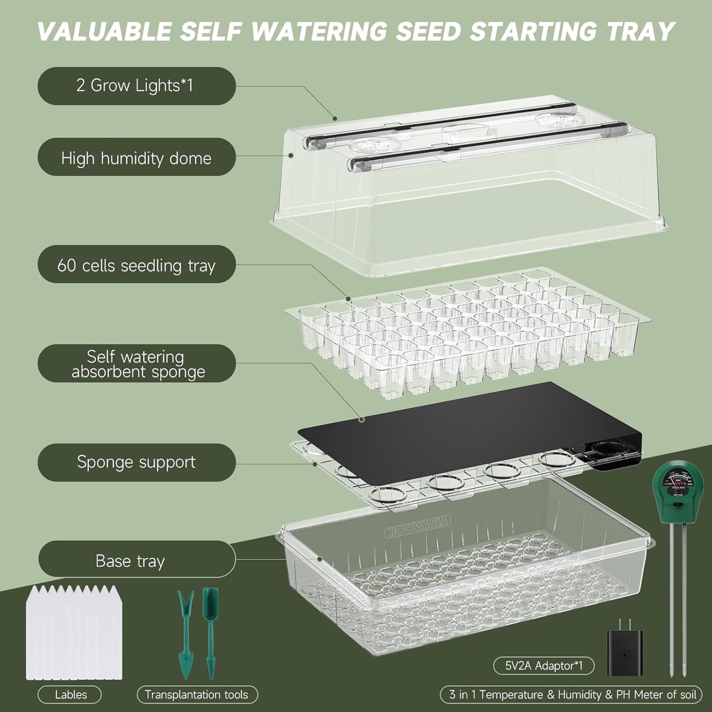 Self-Watering Seed Starter Tray with Grow Lights, 60 Cells Seed Starte