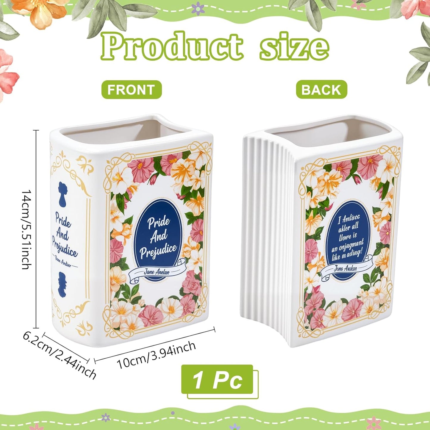 Book Vase for Flowers Ceramic Book Planter Pot Book-Shaped Decorative Vase Unique Vases Cute Bookshelf Decor Ceramic Vases for Home Decor Pride and Prejudice Gifts