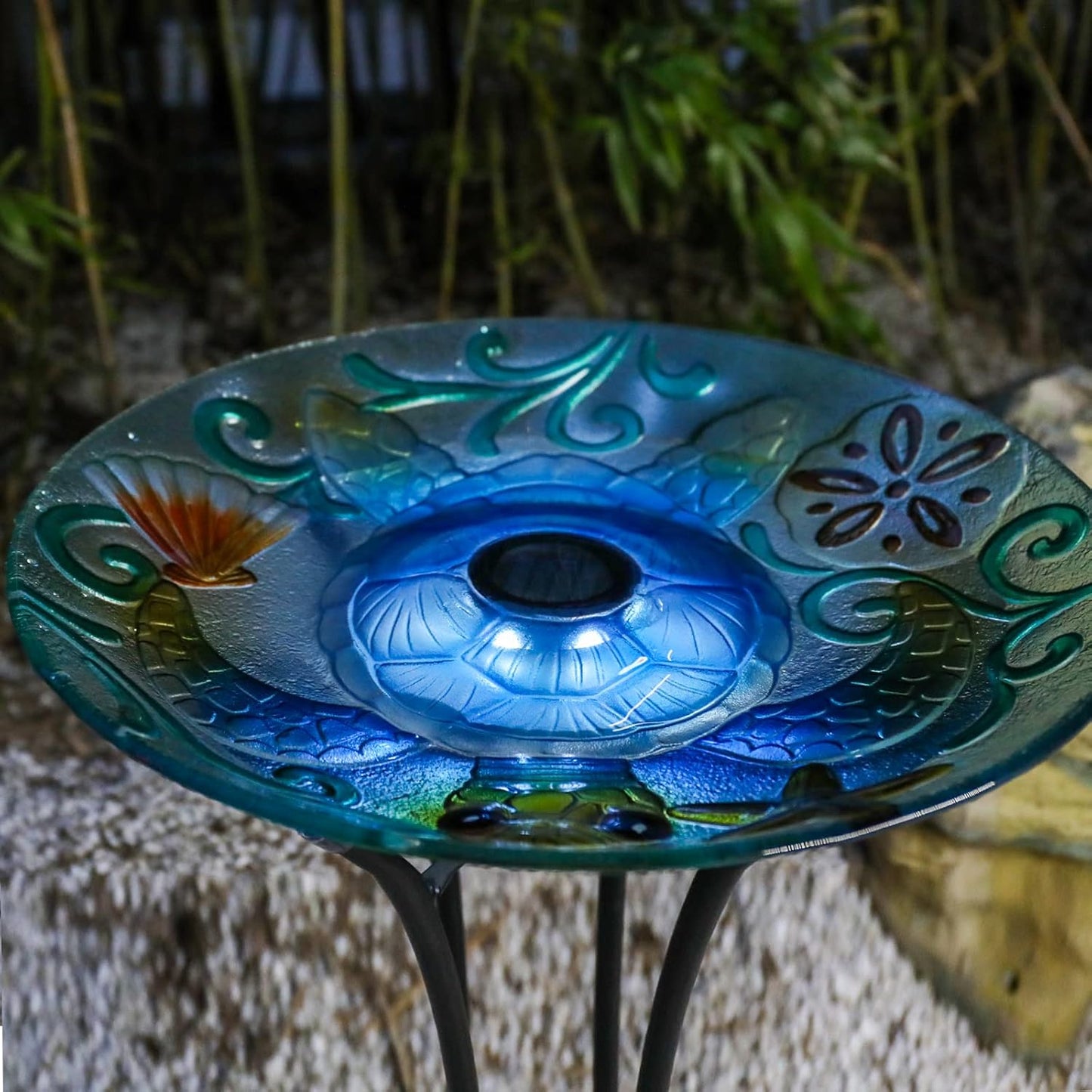MUMTOP Glass Bird Bath, Large Bird Baths for Outdoors, Solar Birdfeeder with Metal Stand for Garden, Yard, Lawn Decor sea Turtle Pattern(Blue, 21.5"X18")