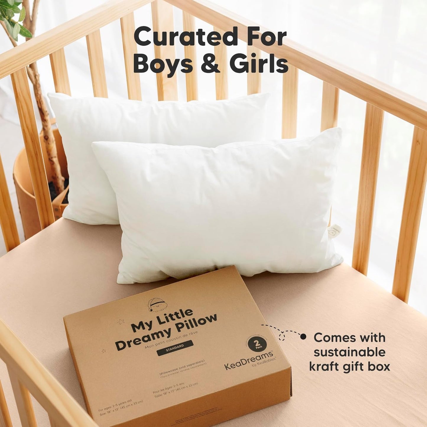 KeaBabies 2-Pack Toddler Pillows 2 Year Old to 5-13x18 Soft Organic Cotton Kids Pillow for Sleeping, Travel, School, Daycare, Nap, Toddler Bed, Machine Washable, Without Pillowcase (Soft White)