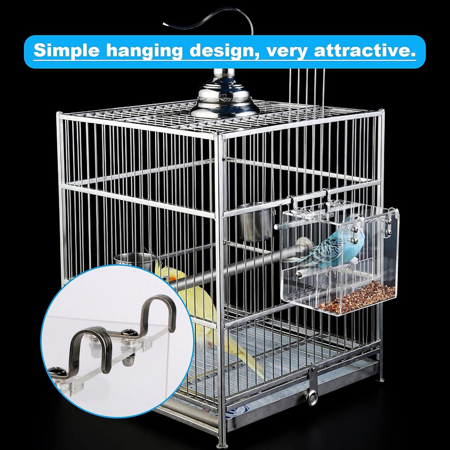 No Mess Bird Feeder for Cage - Automatic Bird Feeder Transparent Food Container Acrylic No Spill Cage Seed Catcher with Stainless Steel Hooks for Parrot Parakeet Cockatiels Lovebirds