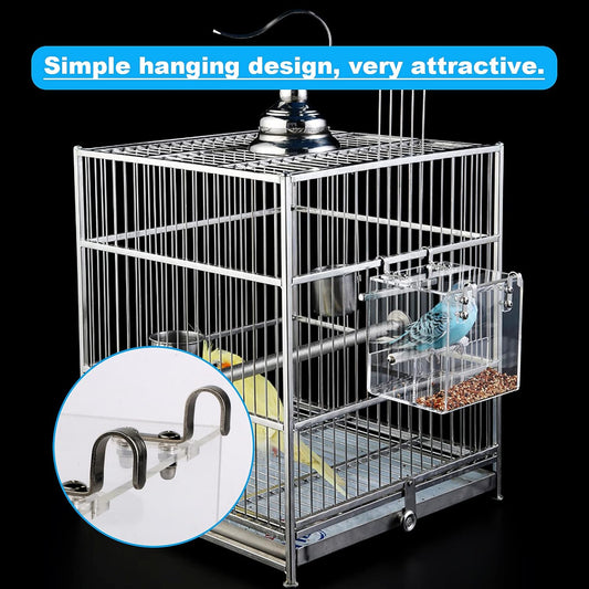 No Mess Bird Feeder for Cage - Automatic Bird Feeder Transparent Food Container Acrylic No Spill Cage Seed Catcher with Stainless Steel Hooks for Parrot Parakeet Cockatiels Lovebirds