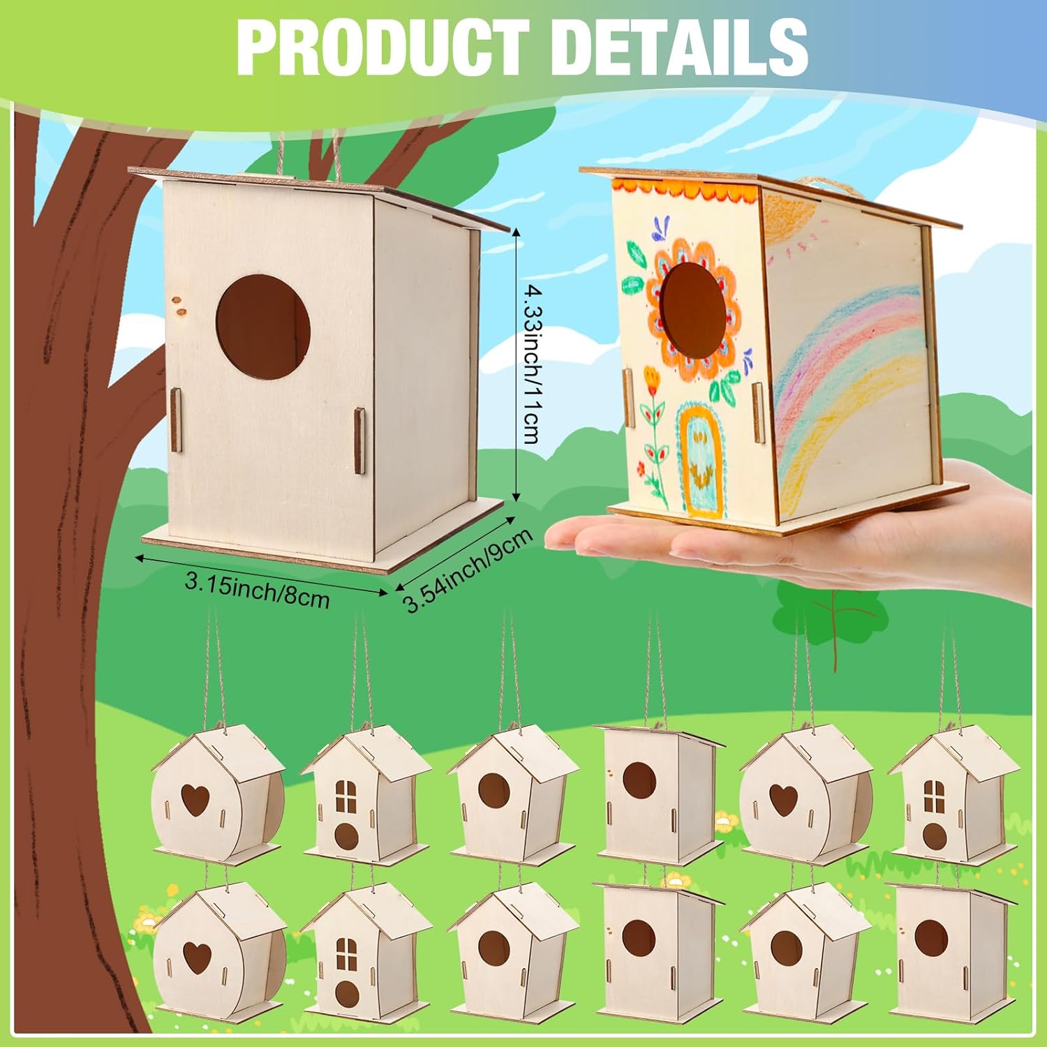 DoubleFill 12 Pcs Bulk Wooden Bird Houses Kits for Kids DIY Crafts and