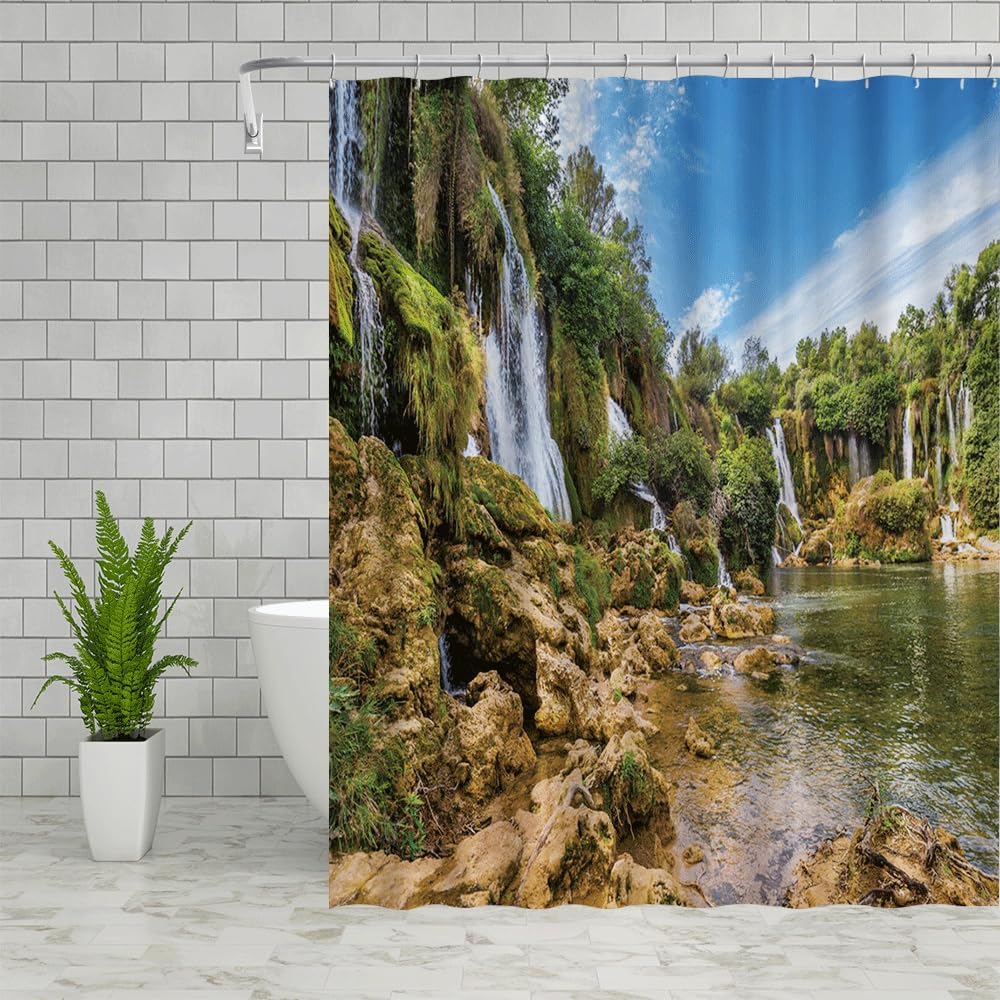 Waterfall Landscape Shower Curtains Outdoor Nature Scenery Lakes Cliffs Green Plant Spring View Home Bathroom Decor Polyester Fabric Bath Curtain Sets 70x70 Inch with Hook