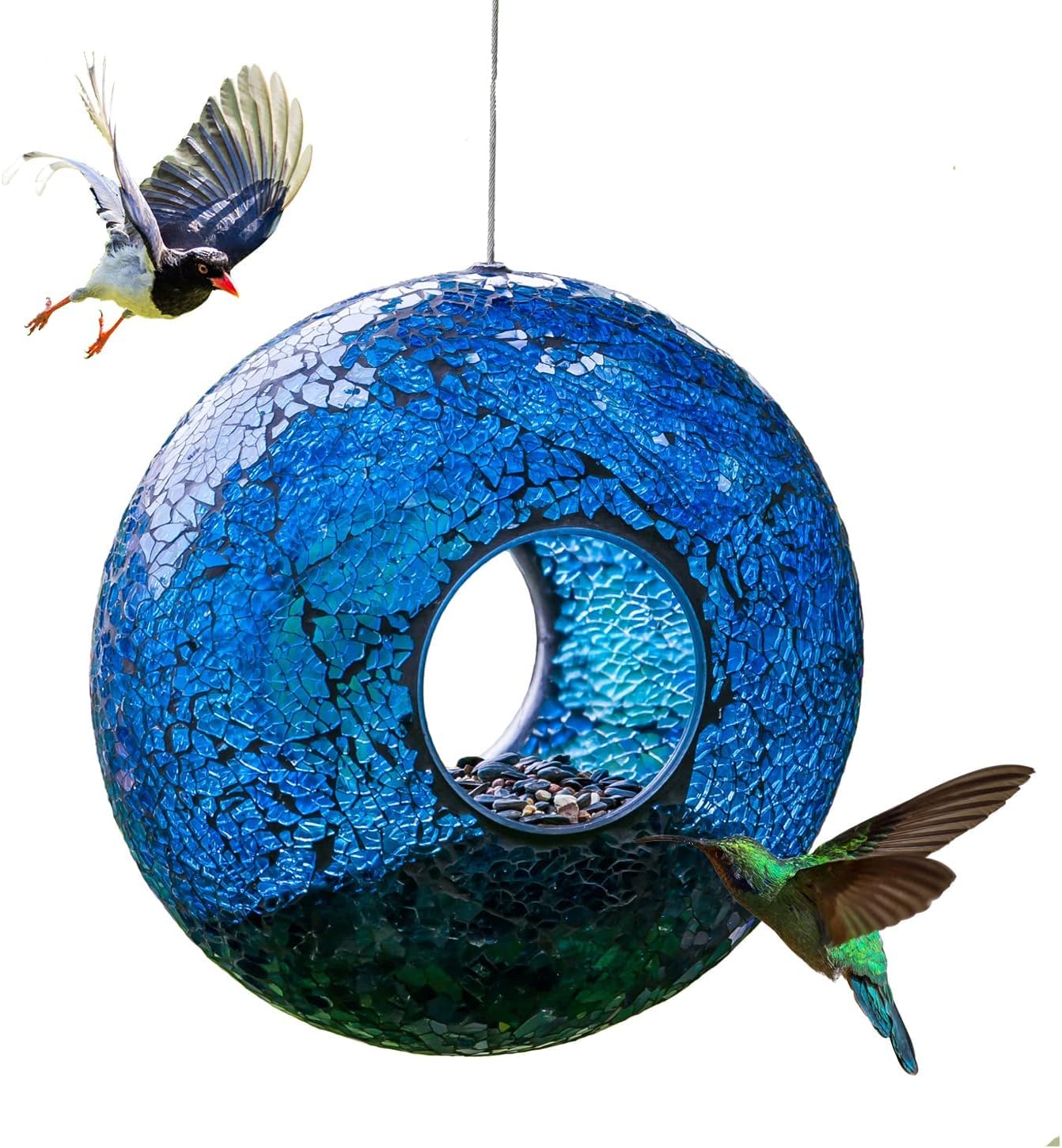 Topadorn Bird Feeder Fly Through Mosaic Round Stained-Glass Birdfeeder