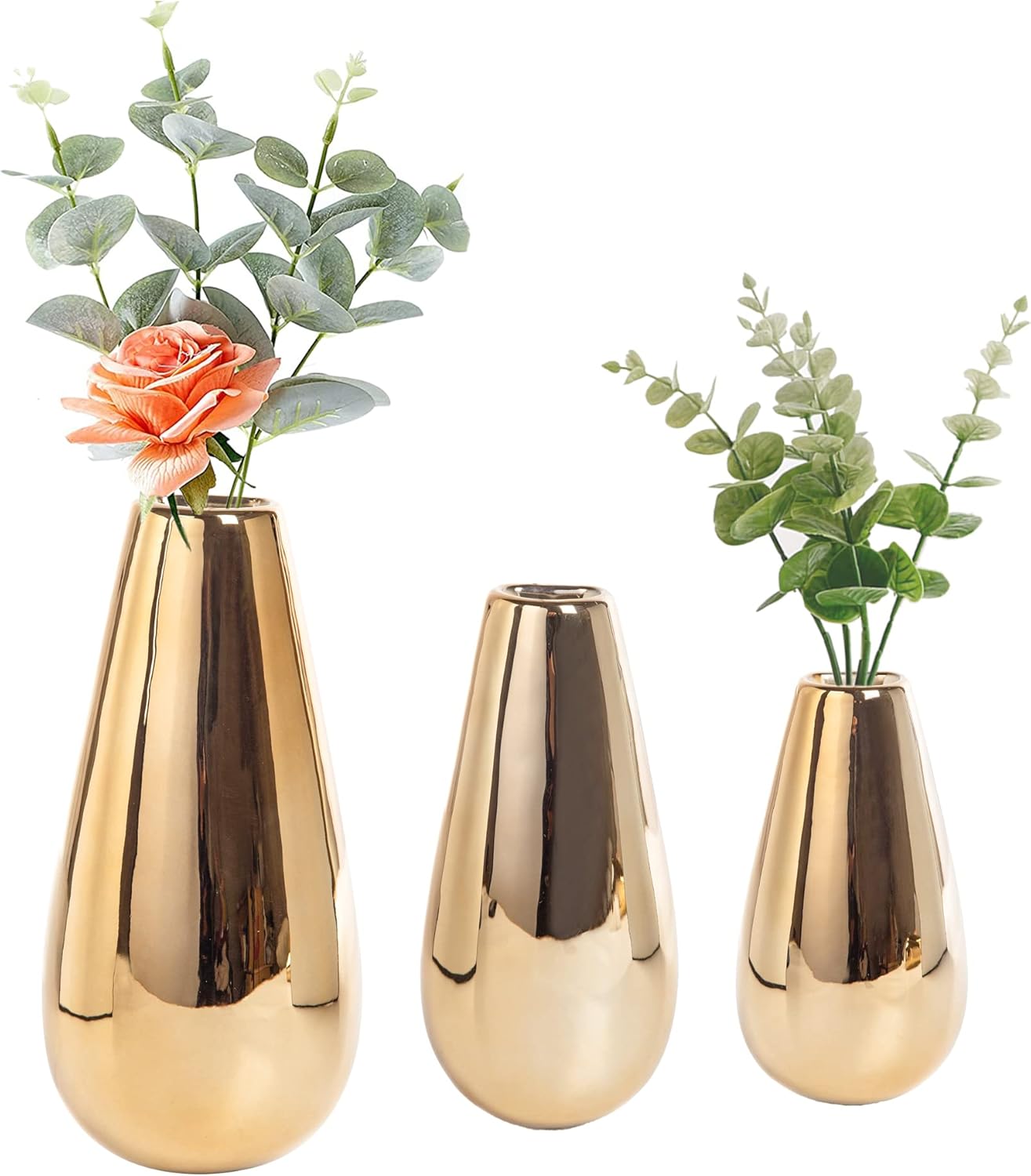 Wall Mount Metallic Gold Flower Vase, Ceramic Hanging Planter with Teardrop Shape, Set of 3 Contemporary Oval Plant Pots