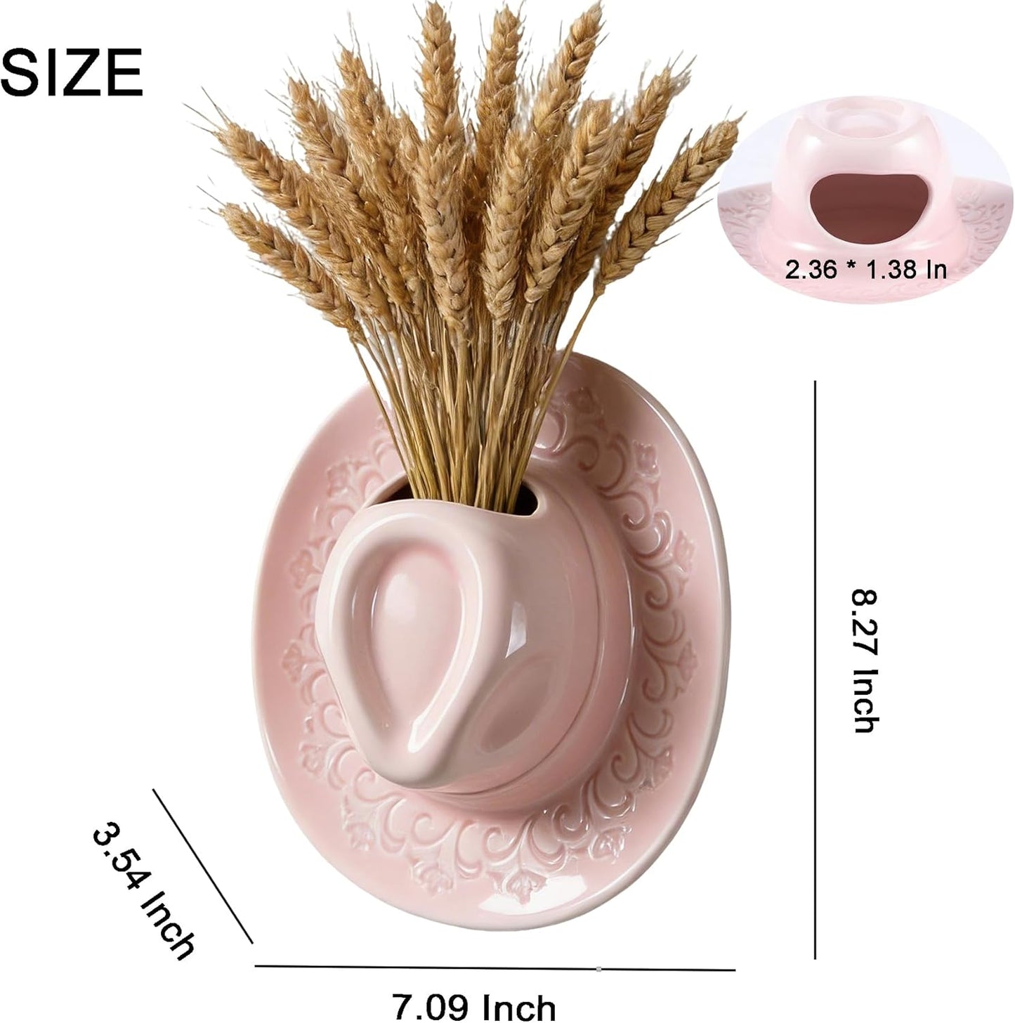 Ceramic Cowboy Hat Vase - 8.2" Pink Handmade Hanging Flower Planter, Western Boho Room Decor & Coastal Cowgirl Aesthetic Wall Art for Home Decor
