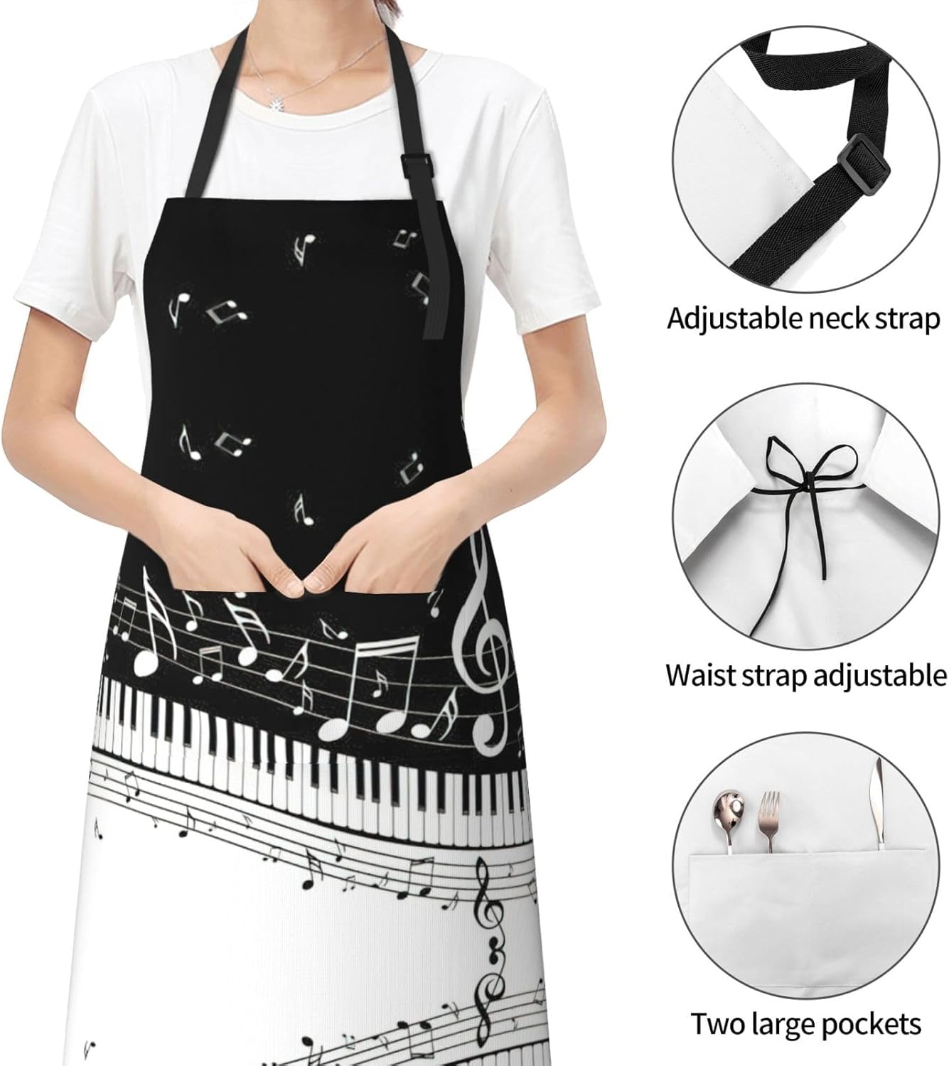 Piano Keys with Musical Notes Print Laundry apron 28x33 In Waterproof Kitchen Apron with Pockets for Cooking Baking