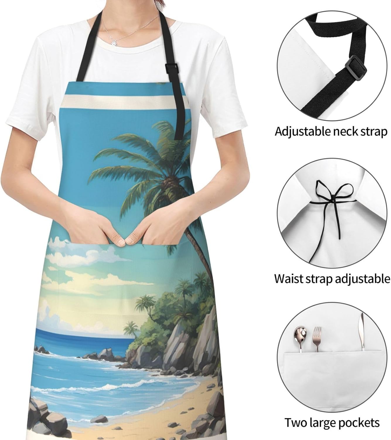 Palm Tree Rocky Shore print Waterproof chef's apron with pocket apron for kitchen cooking baking barbecue and gardening