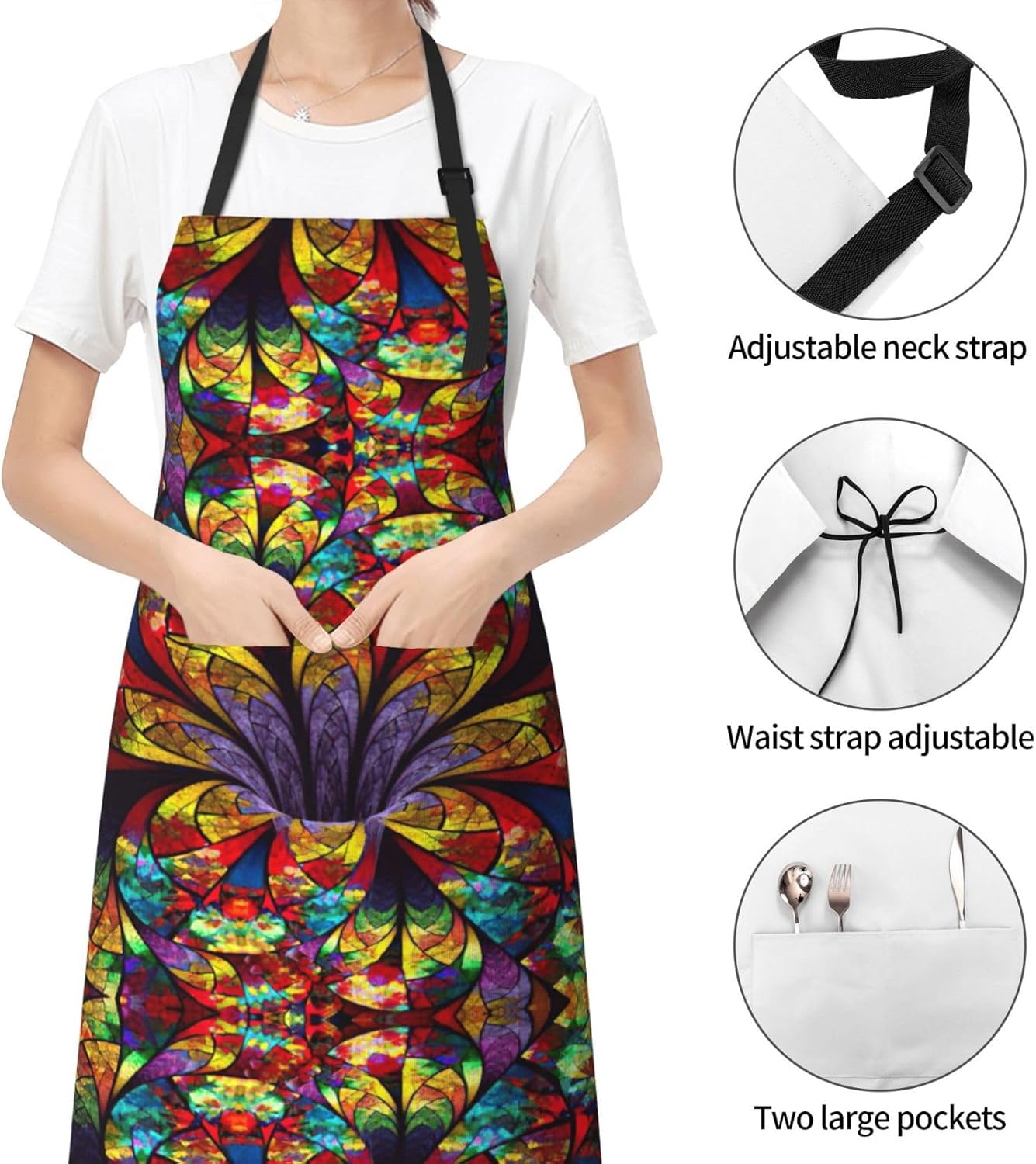 flower stained glass Print Laundry apron 28x33 In Waterproof Kitchen Apron with Pockets for Cooking Baking