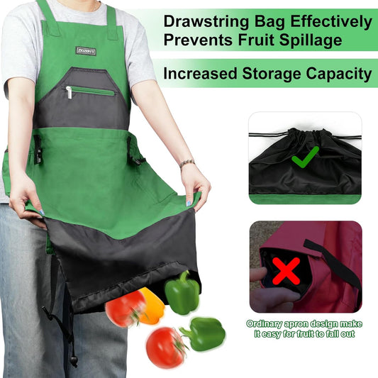 Garden Apron,Harvest Aprons with Drawstring Bag and Pockets for Women and Men,Canvas Fruit Picking Apron