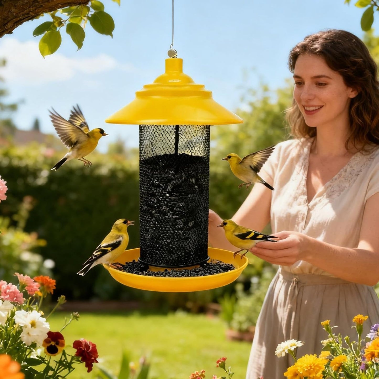 Finch Feeders for Outside, Metal Mesh Food Container Tube with Tray, Wild Bird Feeders, Durable Outdoor Feeding Solution, for Yard Patio Balcony Porch Tree Fence Window Viewing