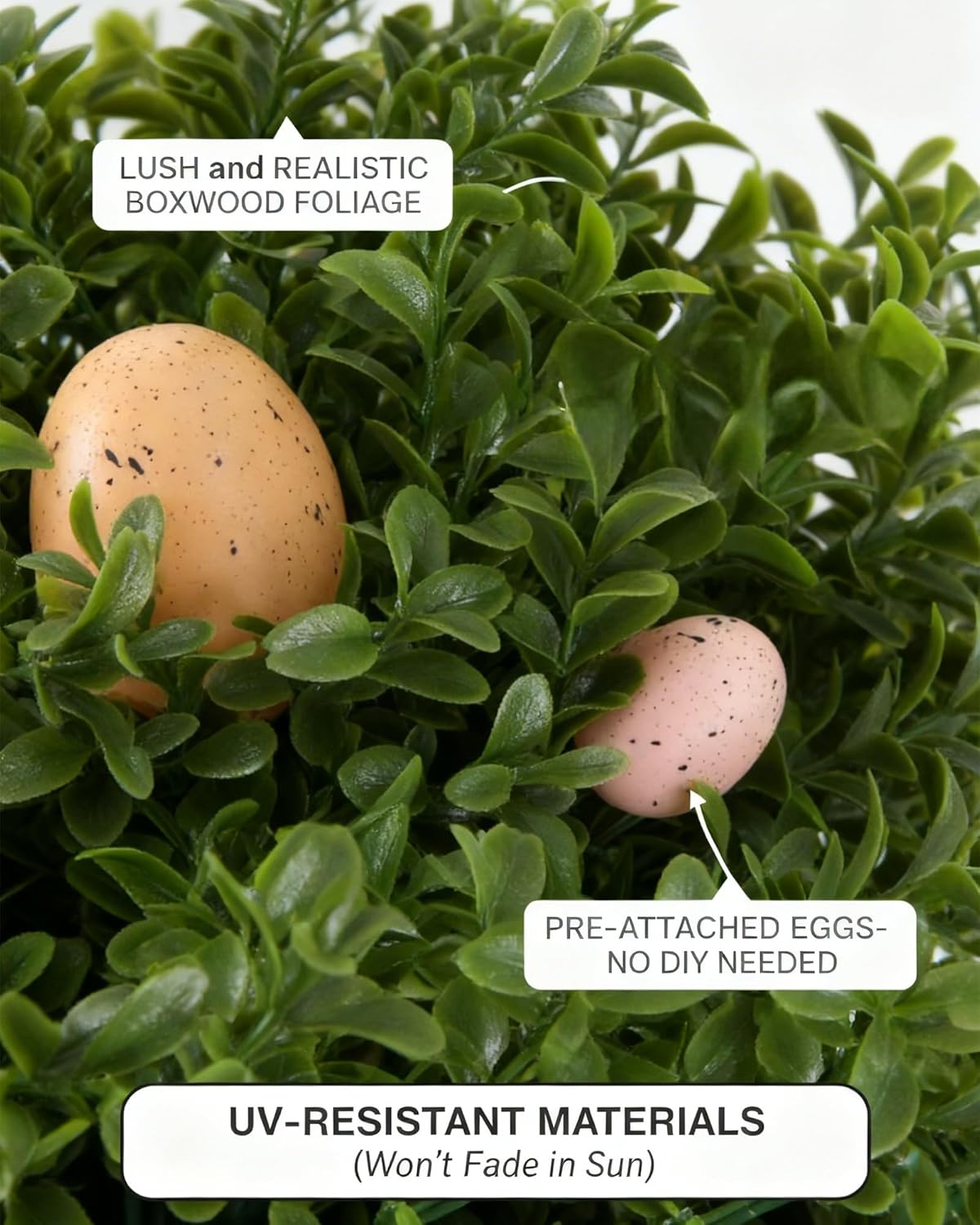 24" Easter Decorations Outdoor Tree, Set of 2 Artificial Boxwood Topiary with Easter Eggs, Stable Ground Spikes for Porch Yard Garden, UV Resistant Rainproof Faux Plants, No Tools Required