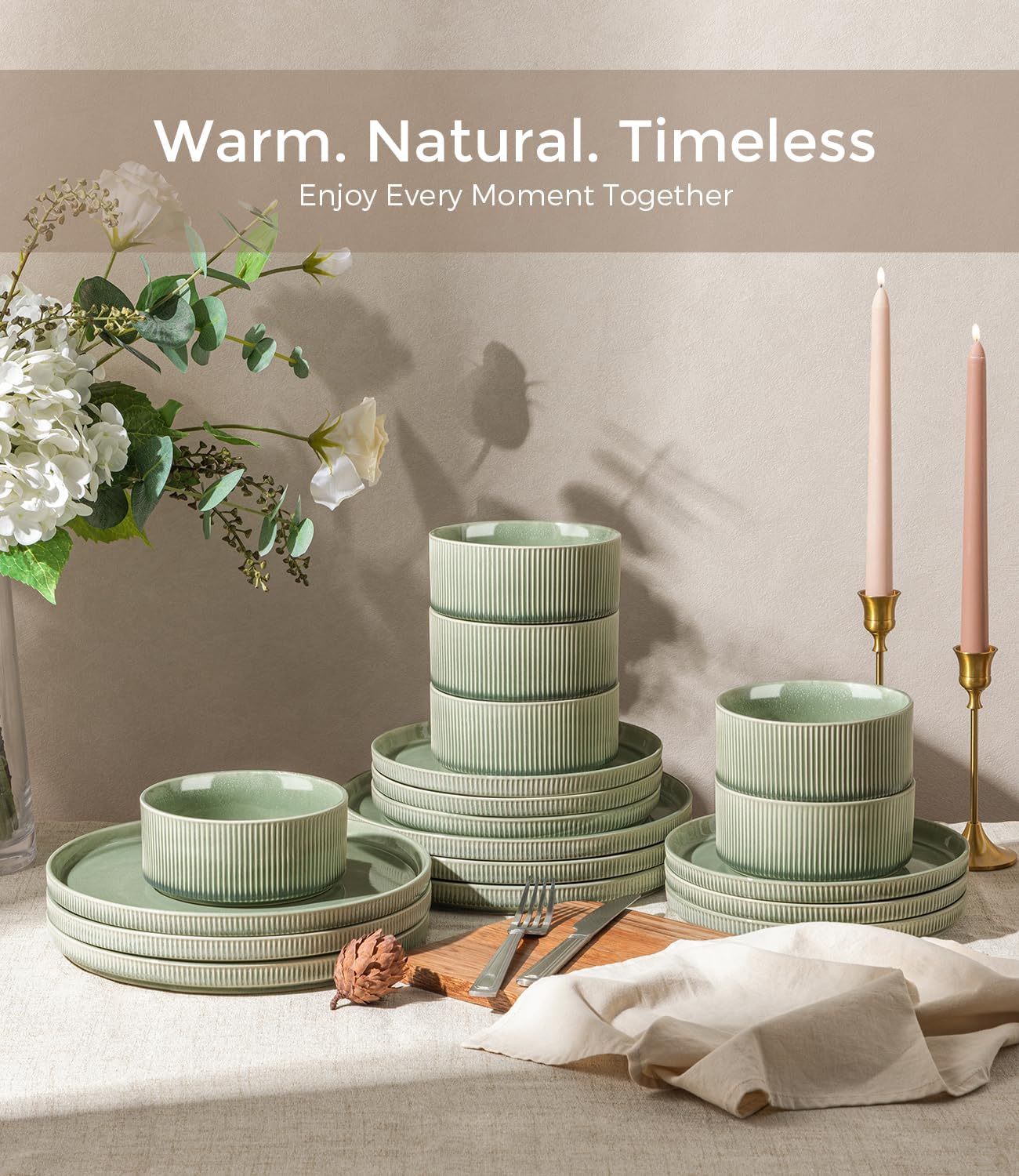 GBHOME 24-Piece Stoneware Dinnerware Set for 8 – Ribbed Ceramic Plates