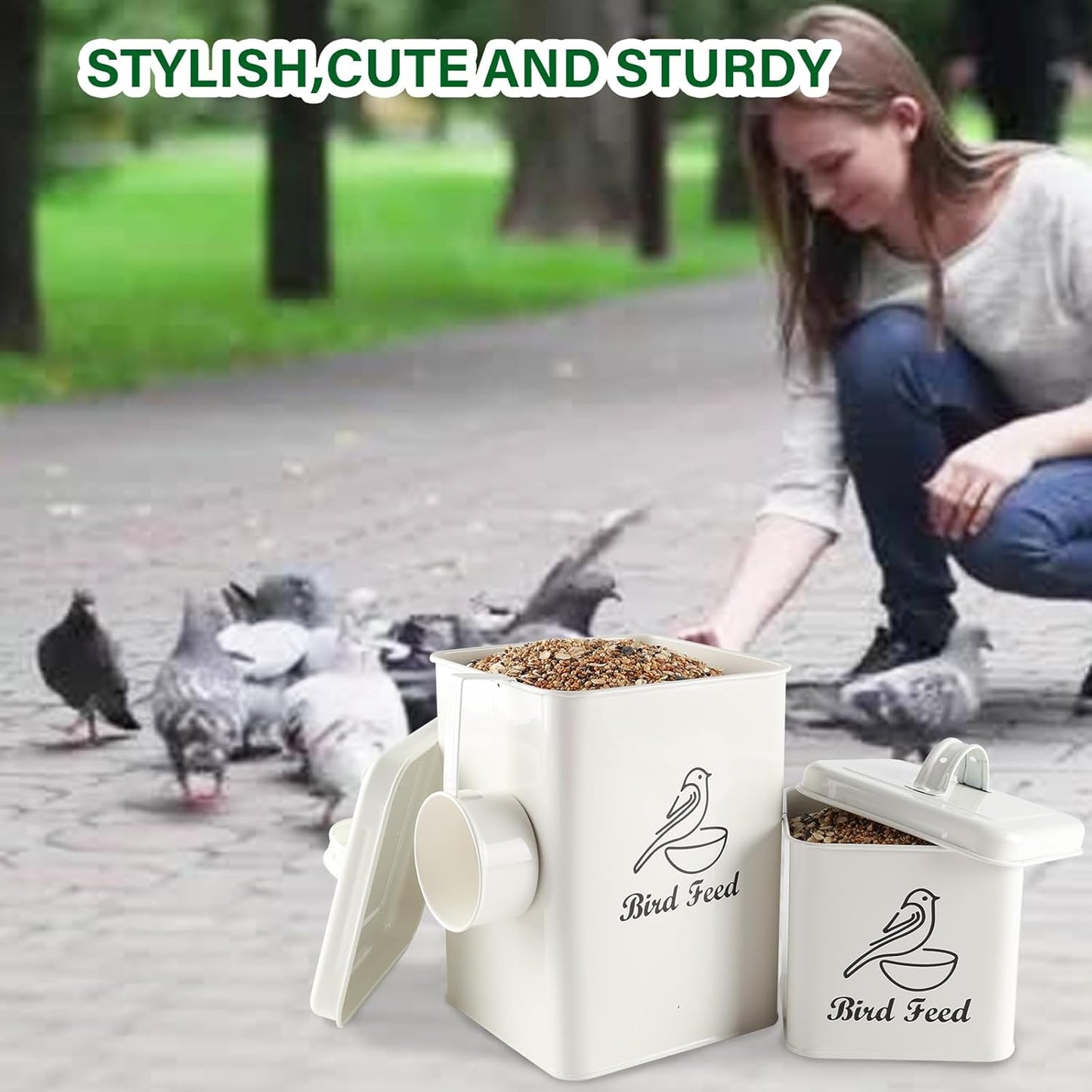 Set of 2 Metal Bird Seed Storage Container,Combined 8lbs Bird Seed Container with Scoop,Wild Bird Food Bins for Storing Sunflower Seed-Sturdy and Squirrel proof-6''x9''+5''x5''-White