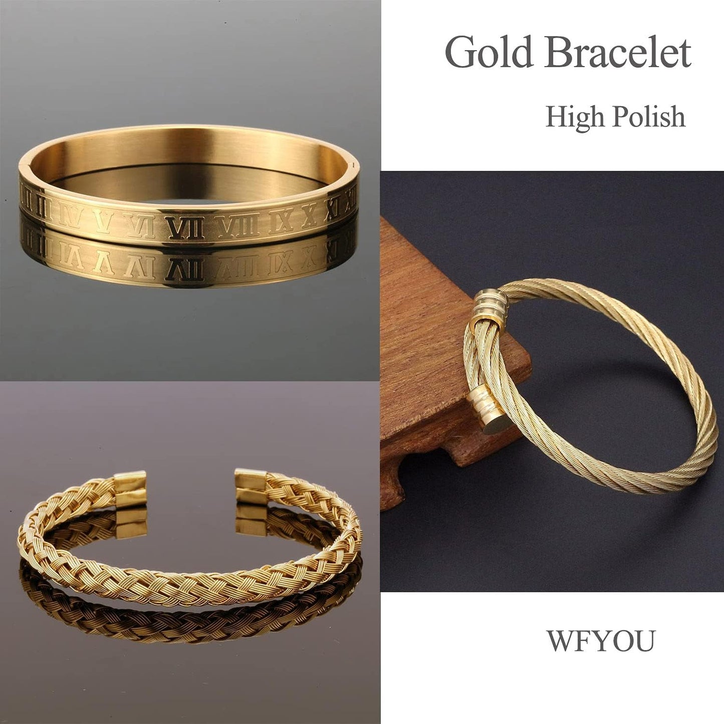 WFYOU 3PCS Stainless Steel Bracelets for Men Gold Roman Numeral Bangle