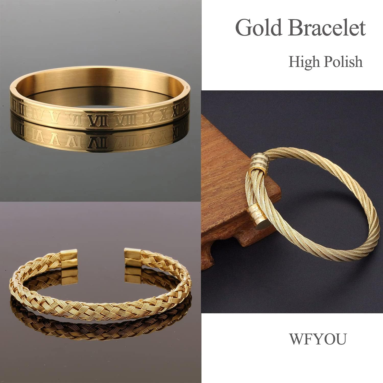 WFYOU 3PCS Stainless Steel Bracelets for Men Gold Roman Numeral Bangle