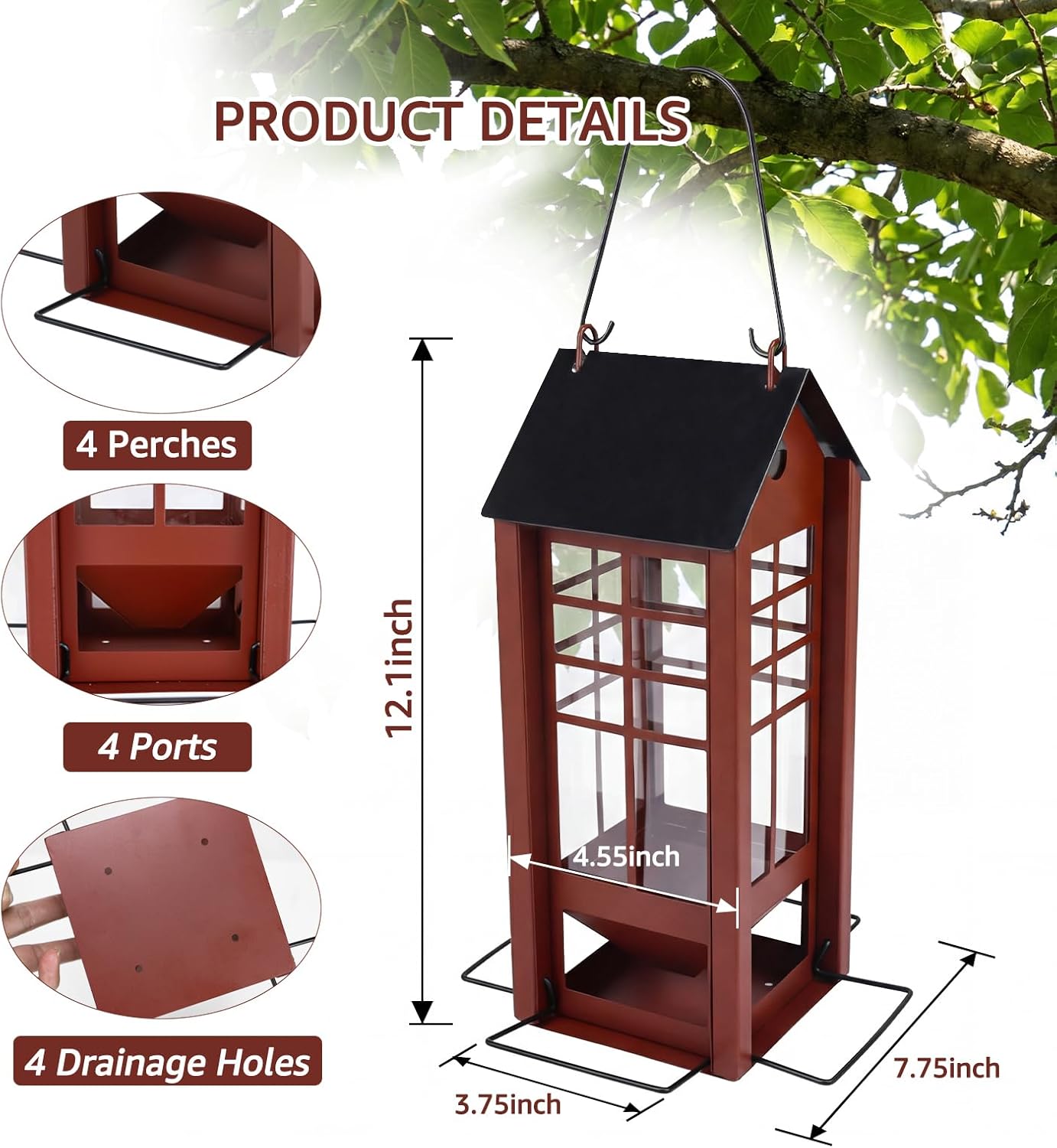 Rectangular Hanging Bird Feeder for Outdoor Use, Metal Bird Feeder with Multiple Feeding Ports, Seed Feeder for Wild Birds, Garden Yard Patio Bird Feeder