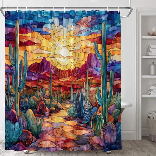 Western Desert Shower Curtain Boho Abstract Colorful Stained-Glass Southwestern Desert Cactus SunSet Montain Tropical Plant Outdoor Country Nature Landscape Bathroom Decor Fabric Curtain with Hooks