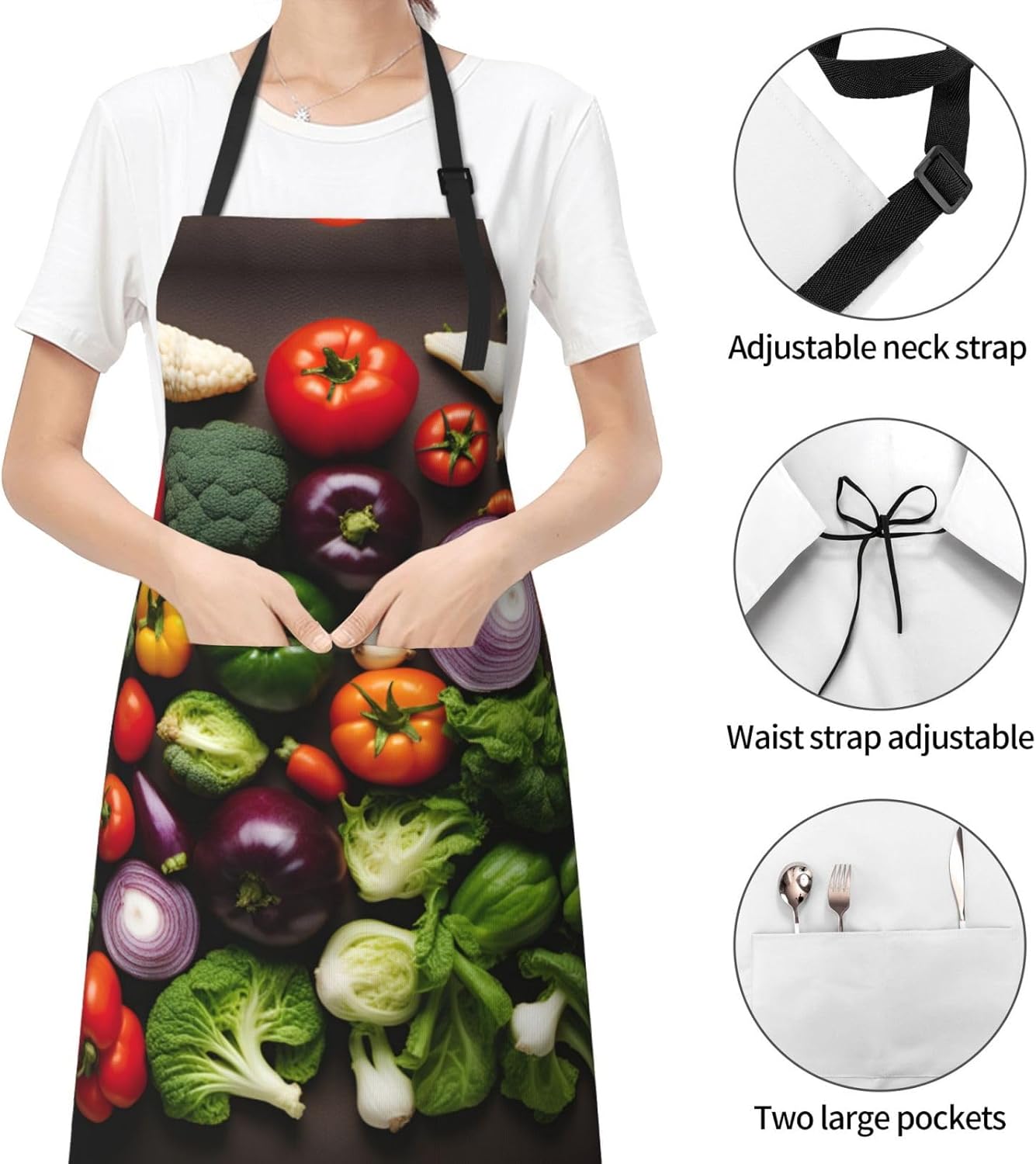 Introduction of various vegetables print Waterproof chef's apron with pocket apron for kitchen cooking baking barbecue and gardening