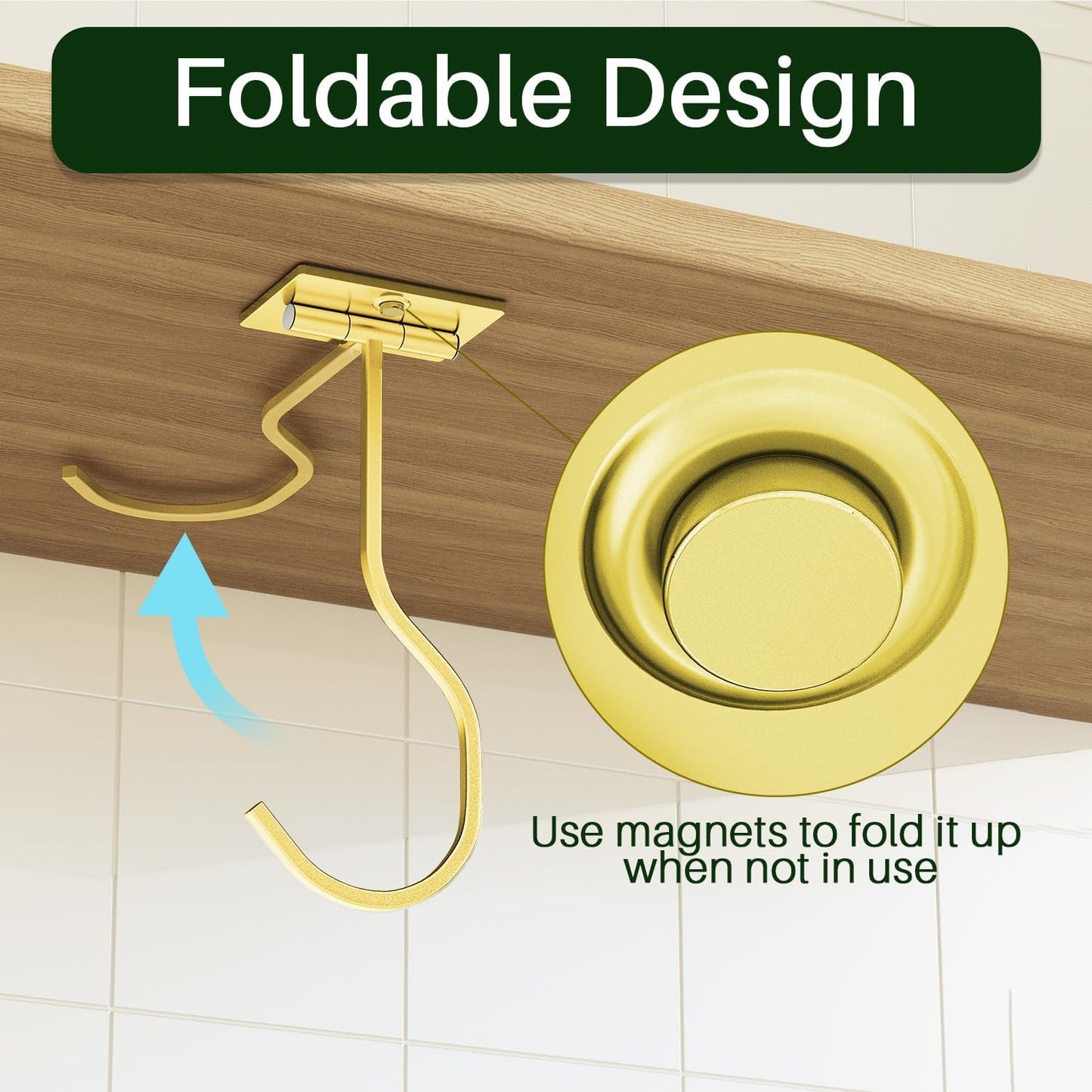 Under Cabinet Banana Hook Adhesive: Foldable Banana Hanger, Gold Metal Banana Holder for Kitchen & RV, Space-Saving Design, Folding with Magnets When Not in Use, Keep Bananas Fresh