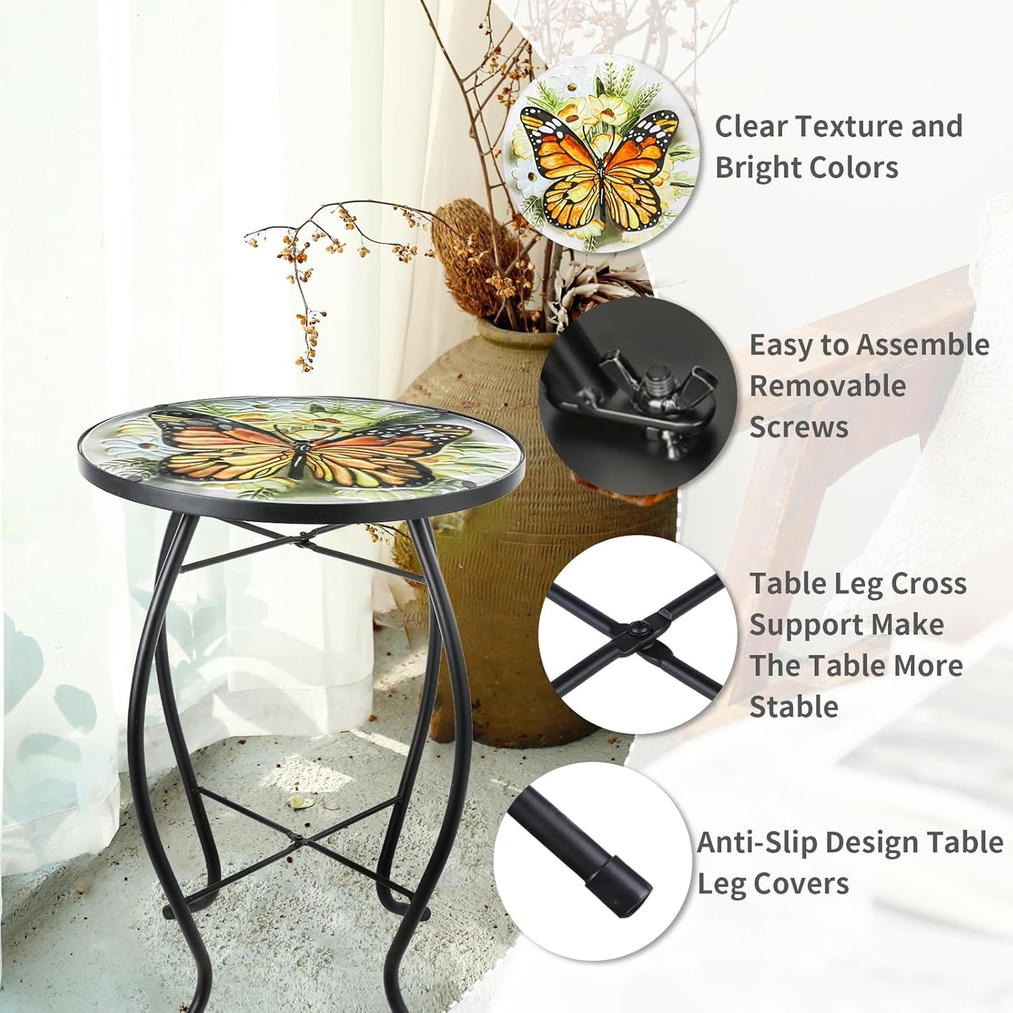 VCUTEKA Patio Side Table Outdoor Accent Table Small Mosaic Table Coffee Table End Table Porch Table Indoor Outdoor Round Glass Balcony Bistro Plant Stands Yellow Butterfly 14 inches