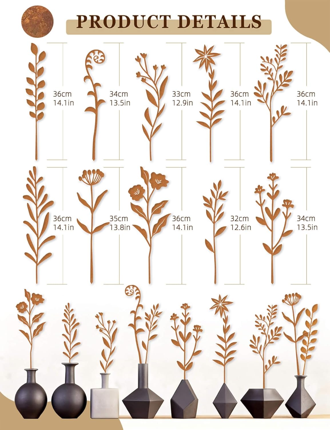 10pcs Metal Flowers for Garden - Antique Rust Finish Decorative Plant 