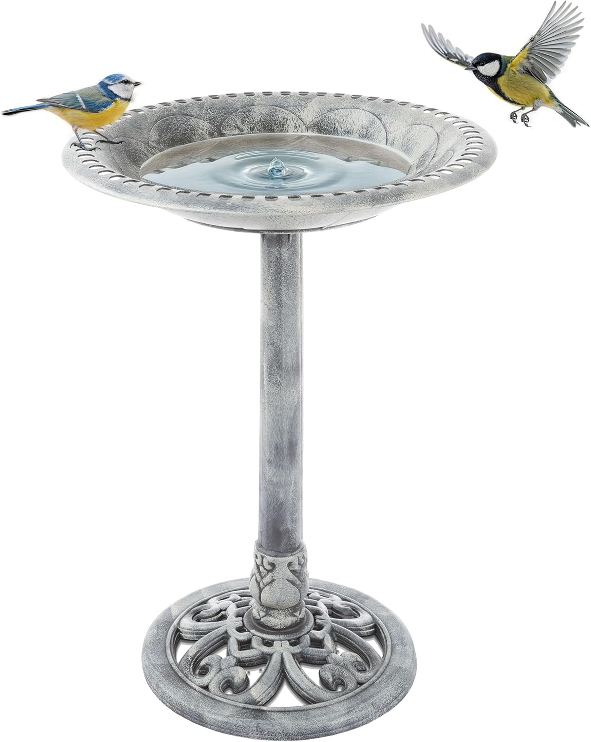Outdoor Antique-Style Bird Bath - Weather-Resistant Polyresin Basin with Vintage Design and Ground Stakes - Yard and Patio Decor by Pure Garden (Gray)