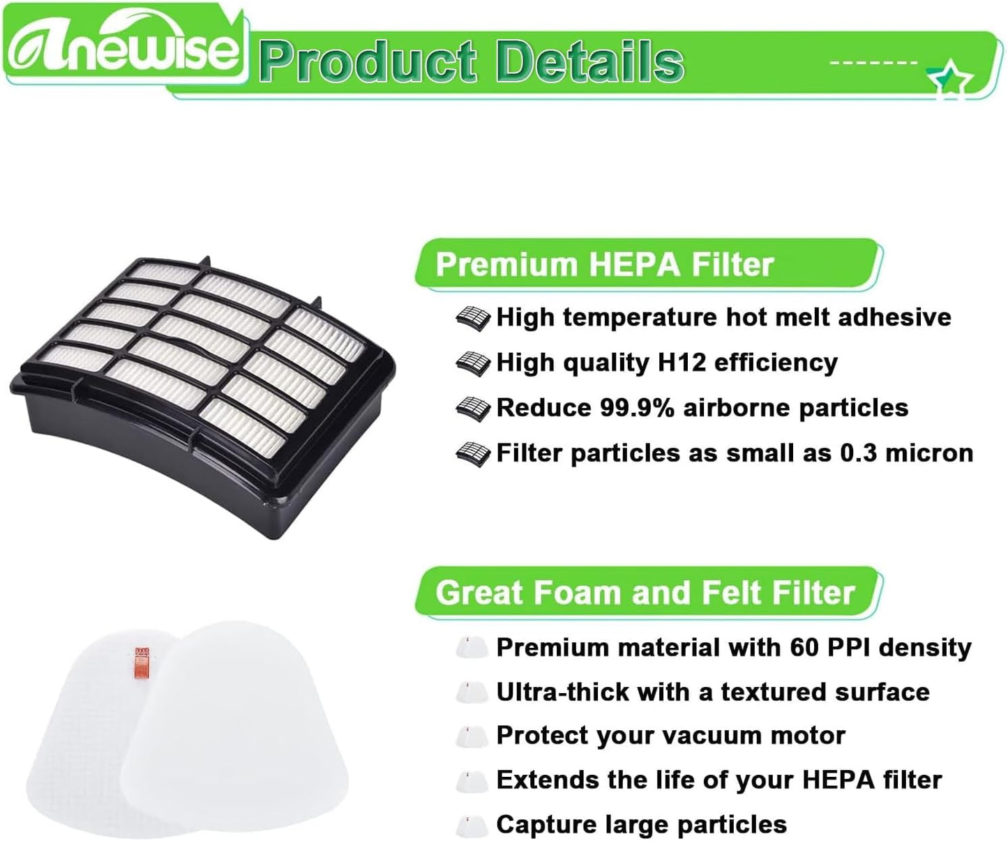 Filter Replacement for Shark Navigator Lift Away Deluxe Professional Vacuum ZU503AMZ NV350 NV351 NV352 NV355 NV357 NV360 NV370 UV440 UV540, Parts XFF350 & XHF350, 1 HEPA + 2 Pre-Felt Filters