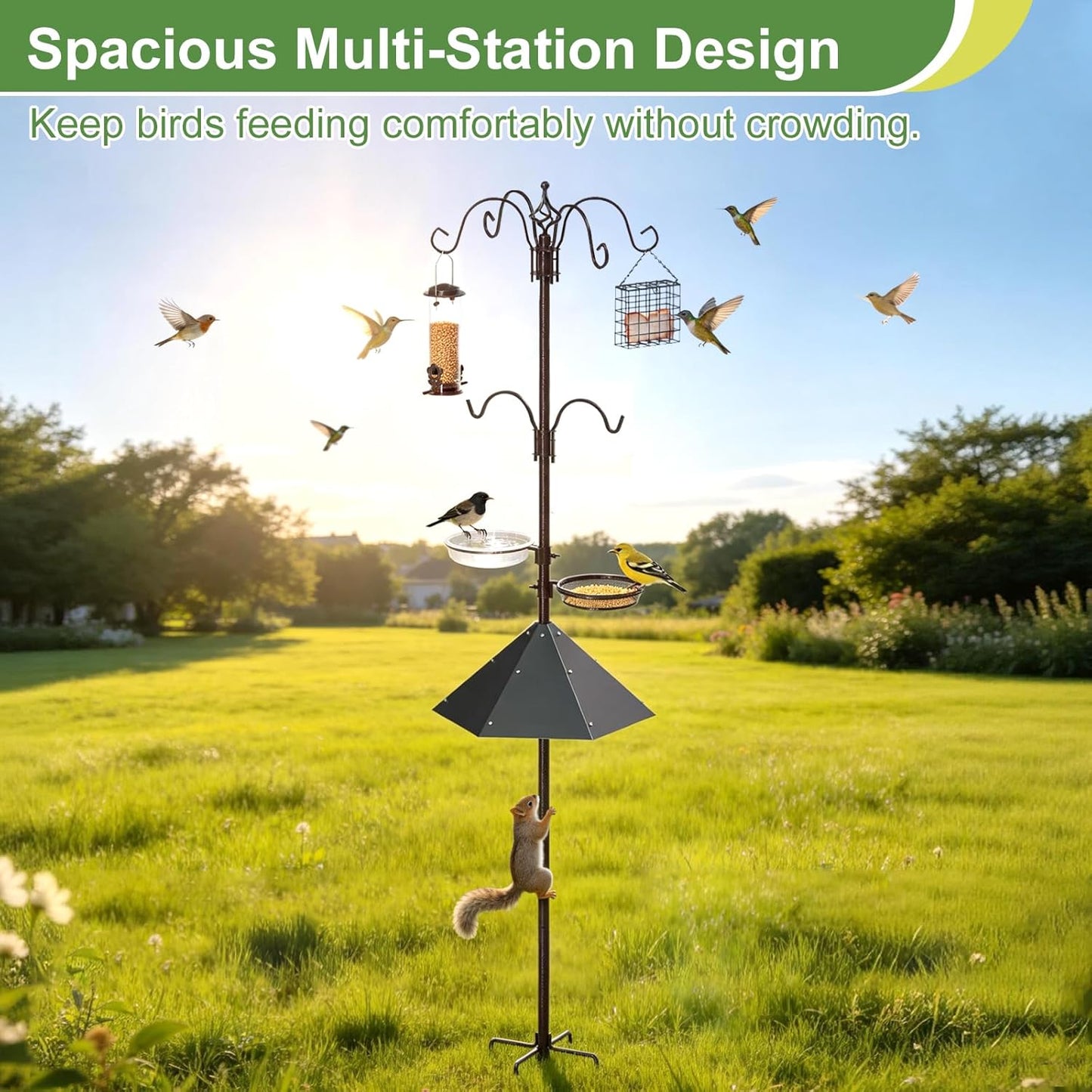94" Bird Feeding Station Kit with Metal Squirrel Baffle, Heavy Duty Metal Bird Feeding Station with Seed Tray＆Mesh Basket, Easy Assembly Ground Mounted Bird Feeder Pole for Garden Yard Outdoor