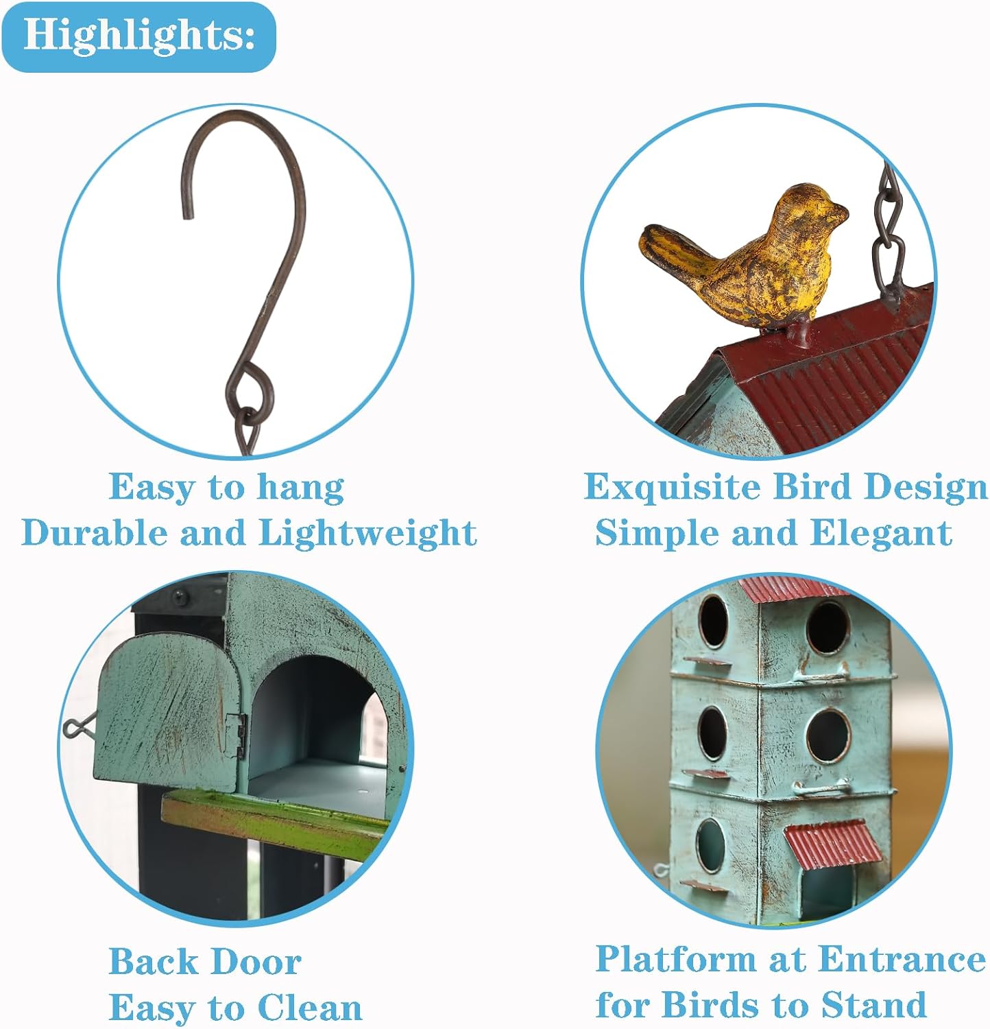 Metal Bird Houses for Outside, 6 Hole Bird Houses for Outside Hanging, Sky Blue Birdhouses for Outdoors Clearance Suitable for Garden Patio Backyard.