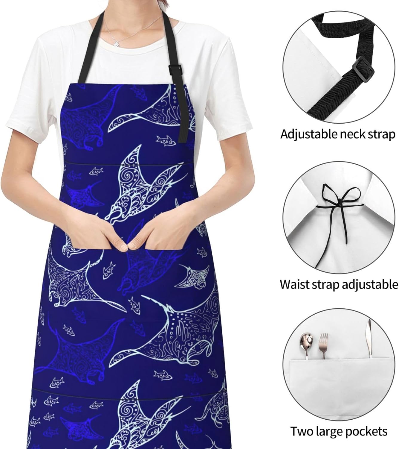 Manta Ray and Fish print Waterproof apron with pocket adjustable cooking apron for adult kitchen bibs to bake