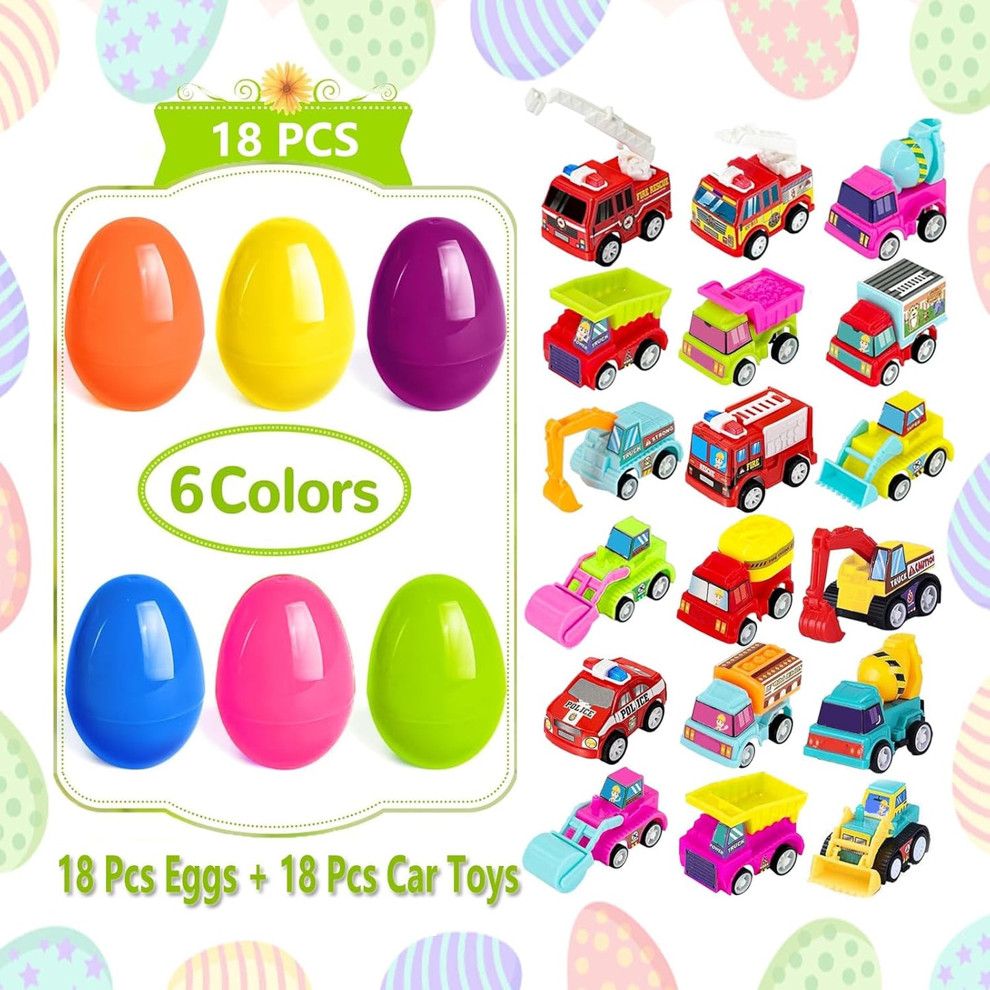 18 PCS Easter Egg Fillers with Toys Inside, Easter Basket Stuffers for Toddlers Filled Pull Back Engineering Vehicles Plastic Eggs Party Favors for Kids Egg Hunt Gift Easter Basket Essentials