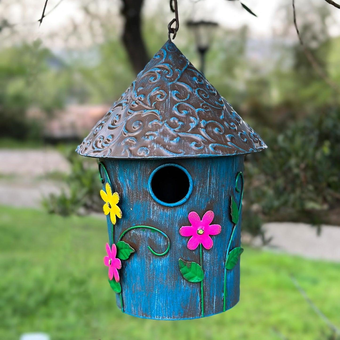 9.25" H Metal Hanging Decorative Birdhouse for Hummingbird with Paint - Bird Houses for Outside, Birdhouses for Outdoors, Bluebird Houses for Outside for Yard, Garden, Backyard. (Blue)