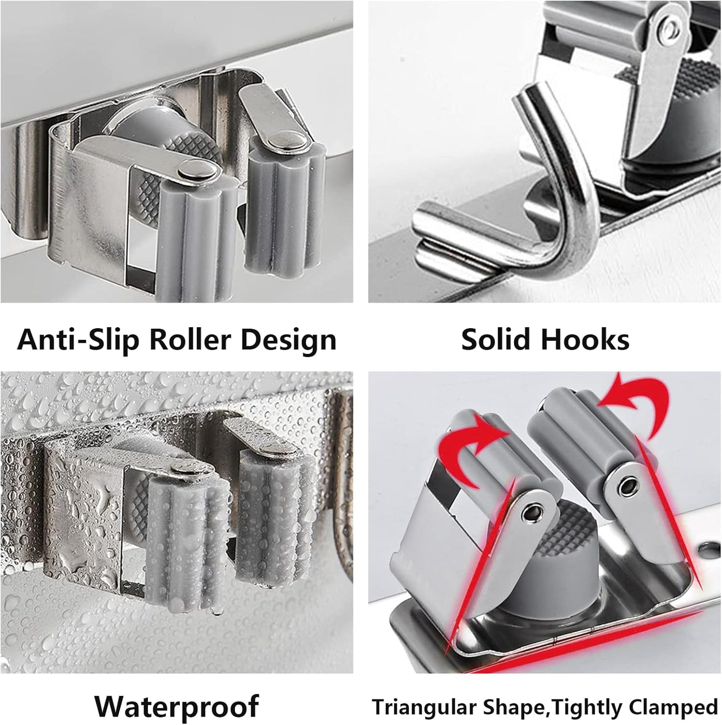 Piyl Broom Mop Holder Wall Mount Broom Hanger Wall Mounted Metal Organization Garage Storage Garden Kitchen Tool Organizer With 4 Racks and 5 Hooks (Silver, 1 Pack 4R5H)