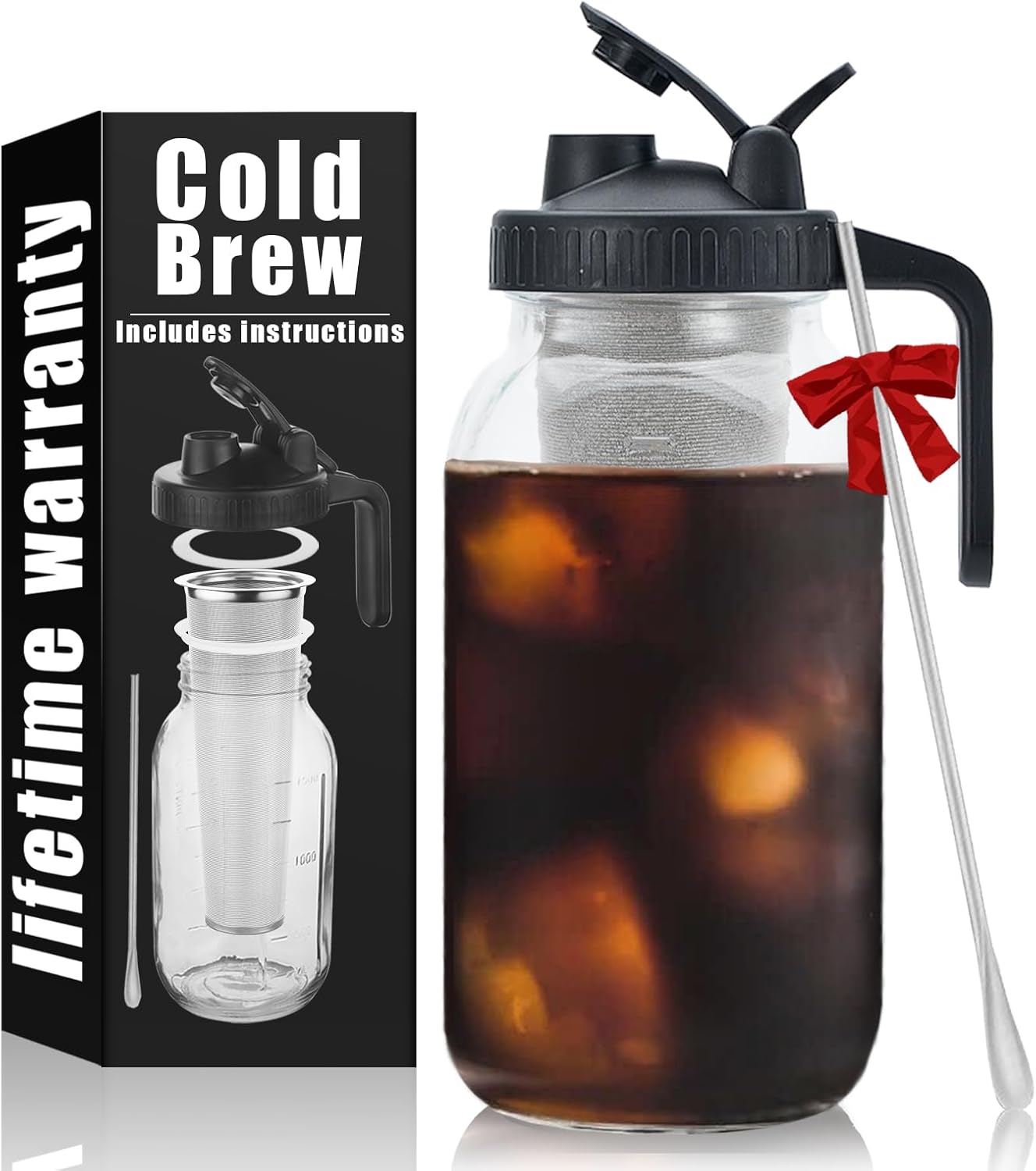 Cold Brew Mason Coffee Maker - 64oz Iced Coffee Pitcher with Stainless