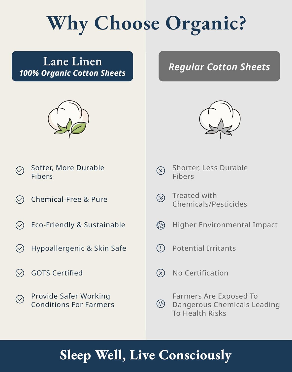 LANE LINEN Eco Friendly 100% Organic Cotton Queen Sheet Set, Soft & Comfy Fully Elasticized 15" Deep Pocket Bed Sheets, Low Pill Naturally Cooling Machine Wash Sábanas Queen- White Bed Sheets