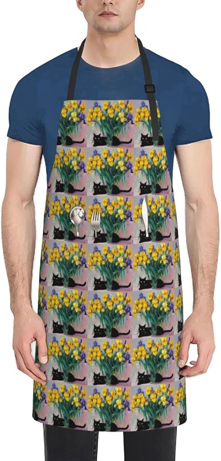 YANYU Cat Flower Embellishment Print 28x33 In Kitchen Apron Stylish Chef Apron with Pockets for Cooking Baking Painting