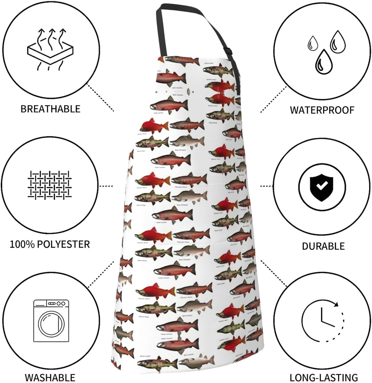 Salmon Print Laundry apron 28x33 In Waterproof Kitchen Apron with Pockets for Cooking Baking