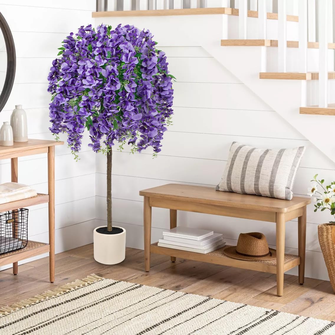 4FT Artificial Wisteria Tree in Pot, Faux Potted Floor Plant with Cascading Flowers, Realistic Fake Tree in Cream White Planter for Home Indoor Living Room Corner, Bedroom & Wedding Decor, Purple