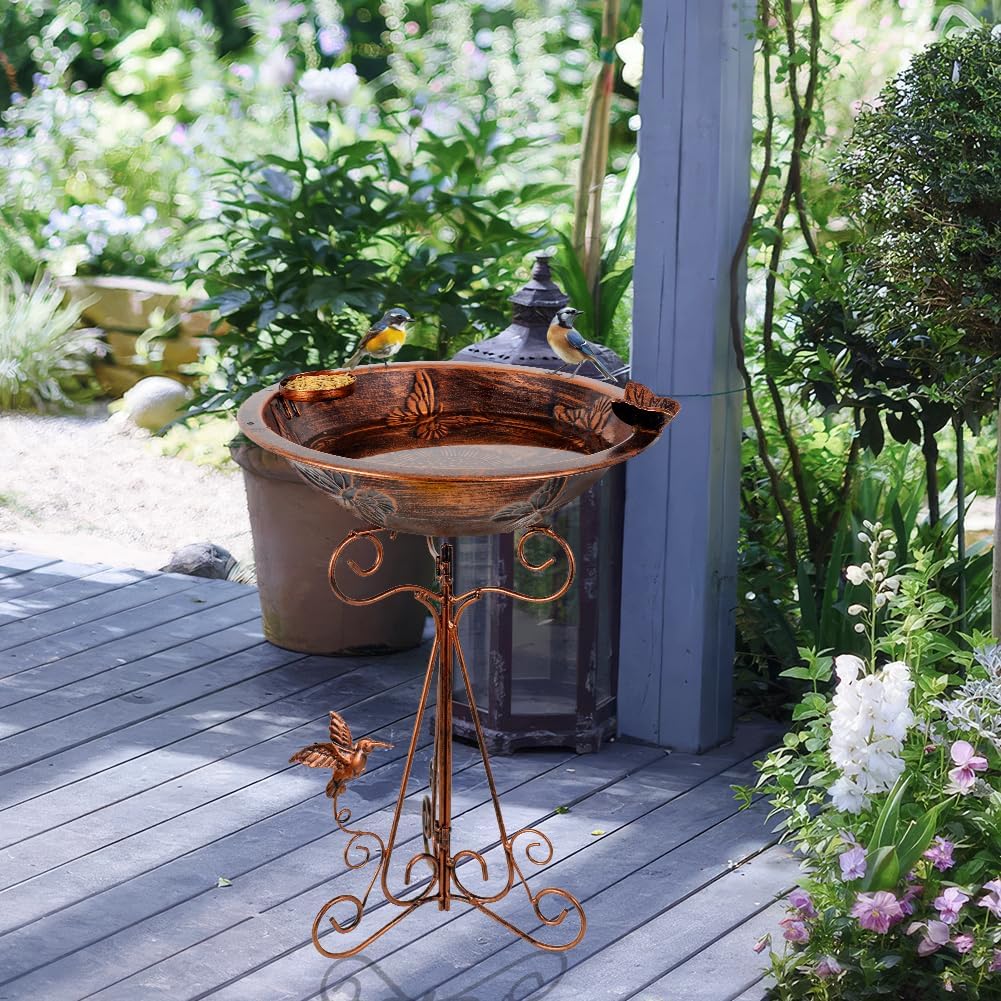 DREAMSOUL 13" Dia Bird Bath Stand with Folding Bracket, Vintage Copper Birdbath with Butterfly Pattern Metal Bird Bath for Outside