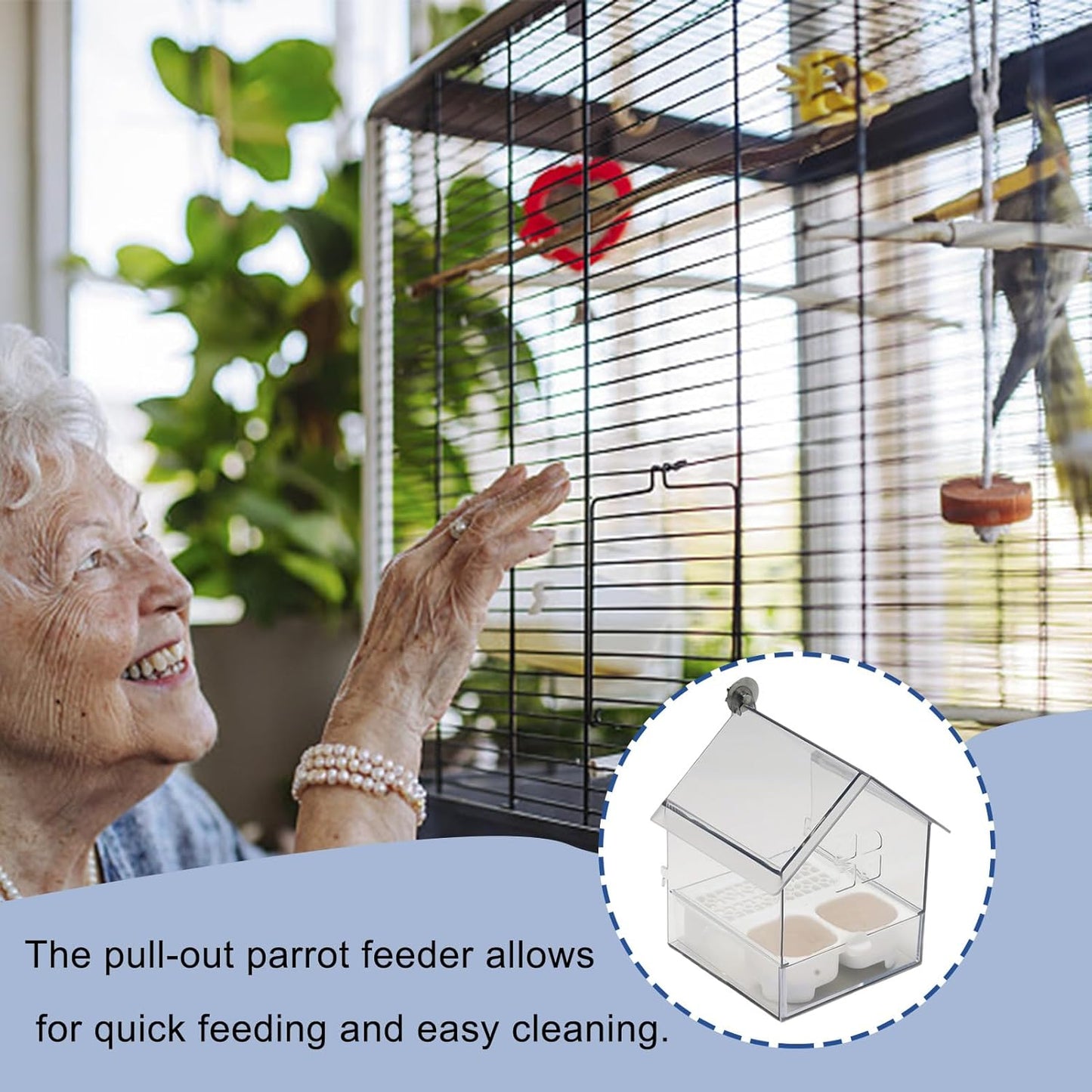 Pull Out External Parrot Feeder Food, Hanging Bird Feeder with Pull Out Tray, Transparent Bird Bath Tub,with Squirrel Proof Tray, for Pet Lover Watching