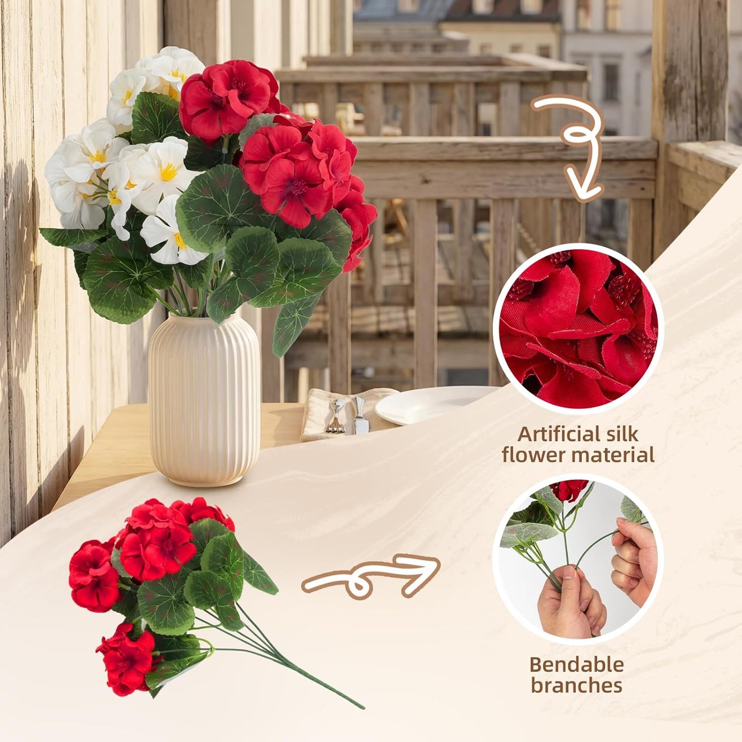 Artificial Flowers, Artificial Plants Outdoor, Artificial Geraniums, Realistic Fake Flowers, Porch Decorations, for Garden, Patio, Window Box, Party Wedding Decoration (6, Red, White)