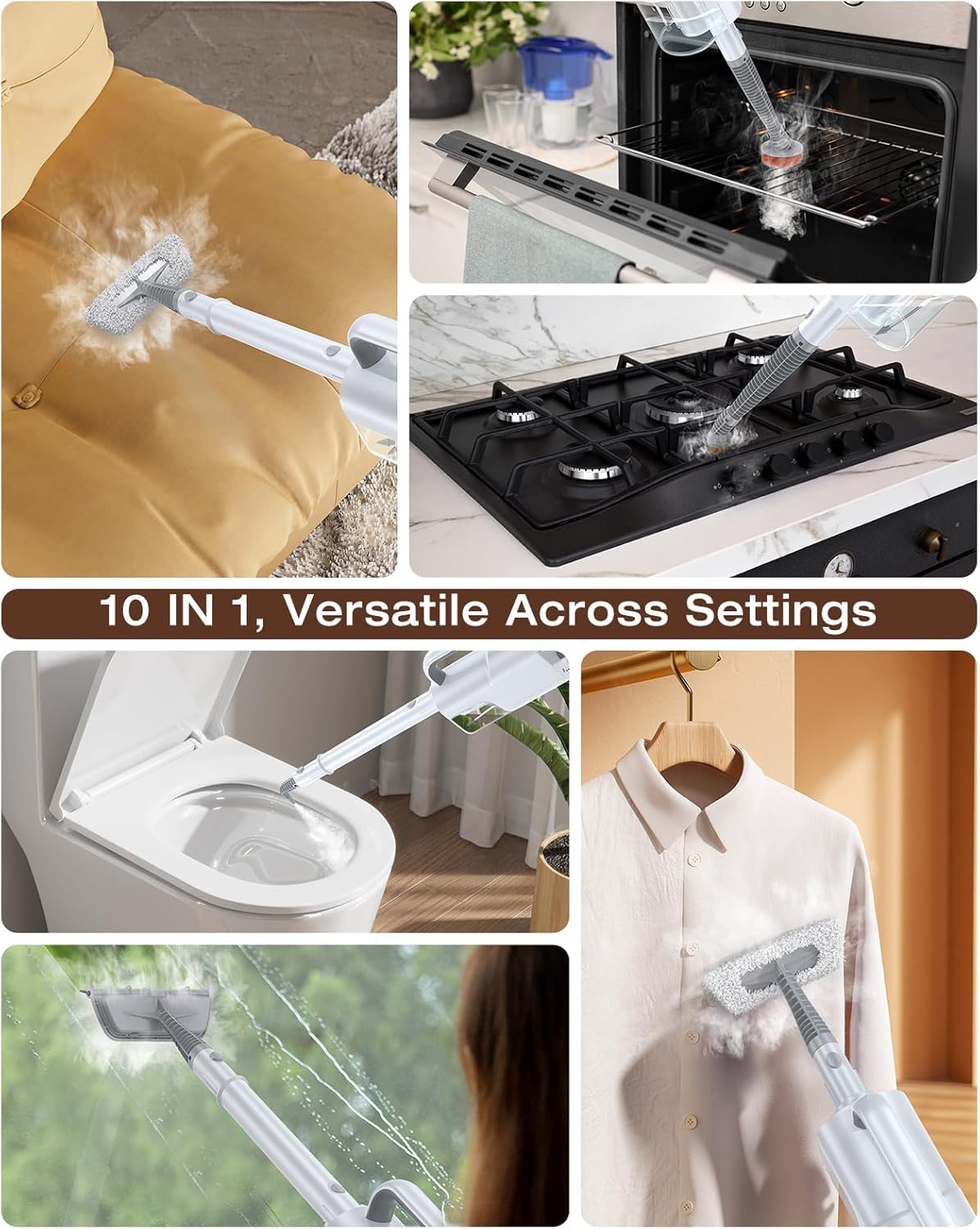 LABIGO 10-in-1 Steam Mop with Detachable Handheld Steamer, 350ml Tank, 10s Heat-Up, 248°F Steam Cleaner, 3-Level Control and Swivel Head for Floors, Carpets, Tiles, BBQ grill Multi-Surface Clean White