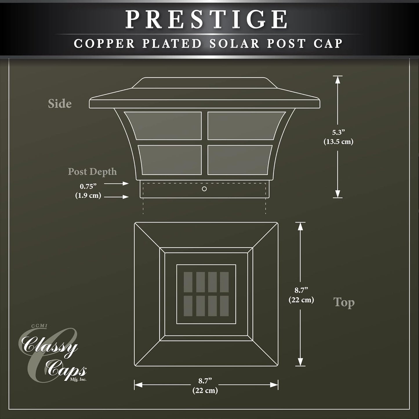 Classy Caps SL086 Plated Prestige Solar Post Cap, 6" x 6", Copper (1)