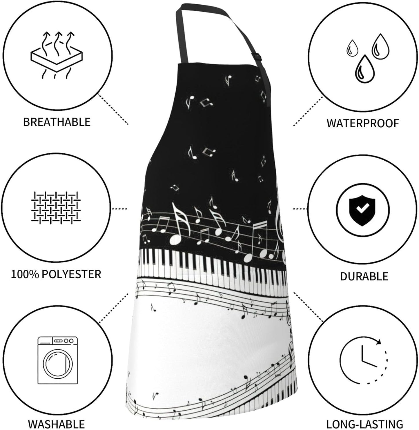 Piano Keys with Musical Notes Print Laundry apron 28x33 In Waterproof Kitchen Apron with Pockets for Cooking Baking