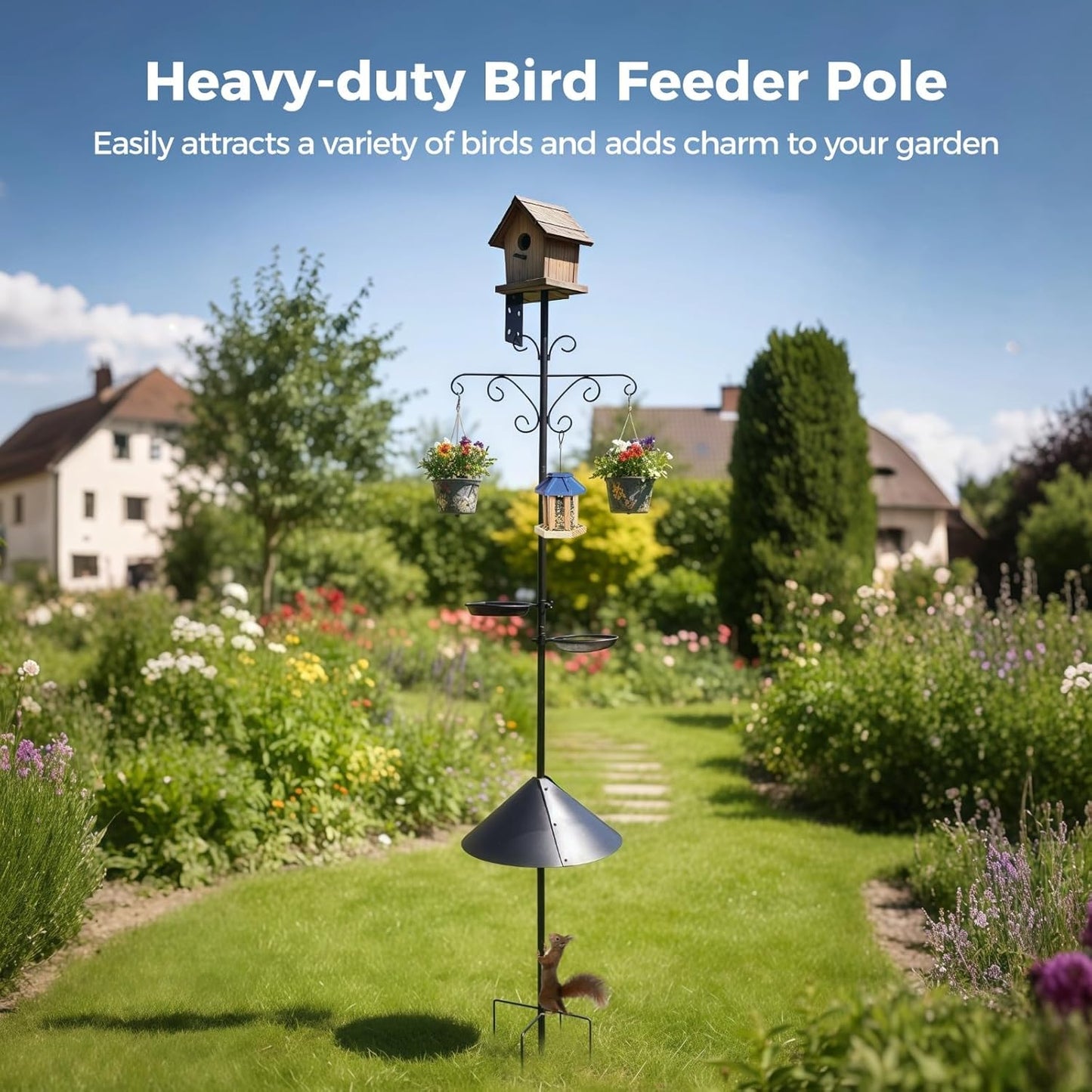 92 in Bird Feeder Pole, Squirrel-Proof Shepherd Hooks, Heavy-Duty Bird Feeding Station with Water Bowl & Mesh Tray, Adjustable Tall Feeder Stand for Plants, Lanterns